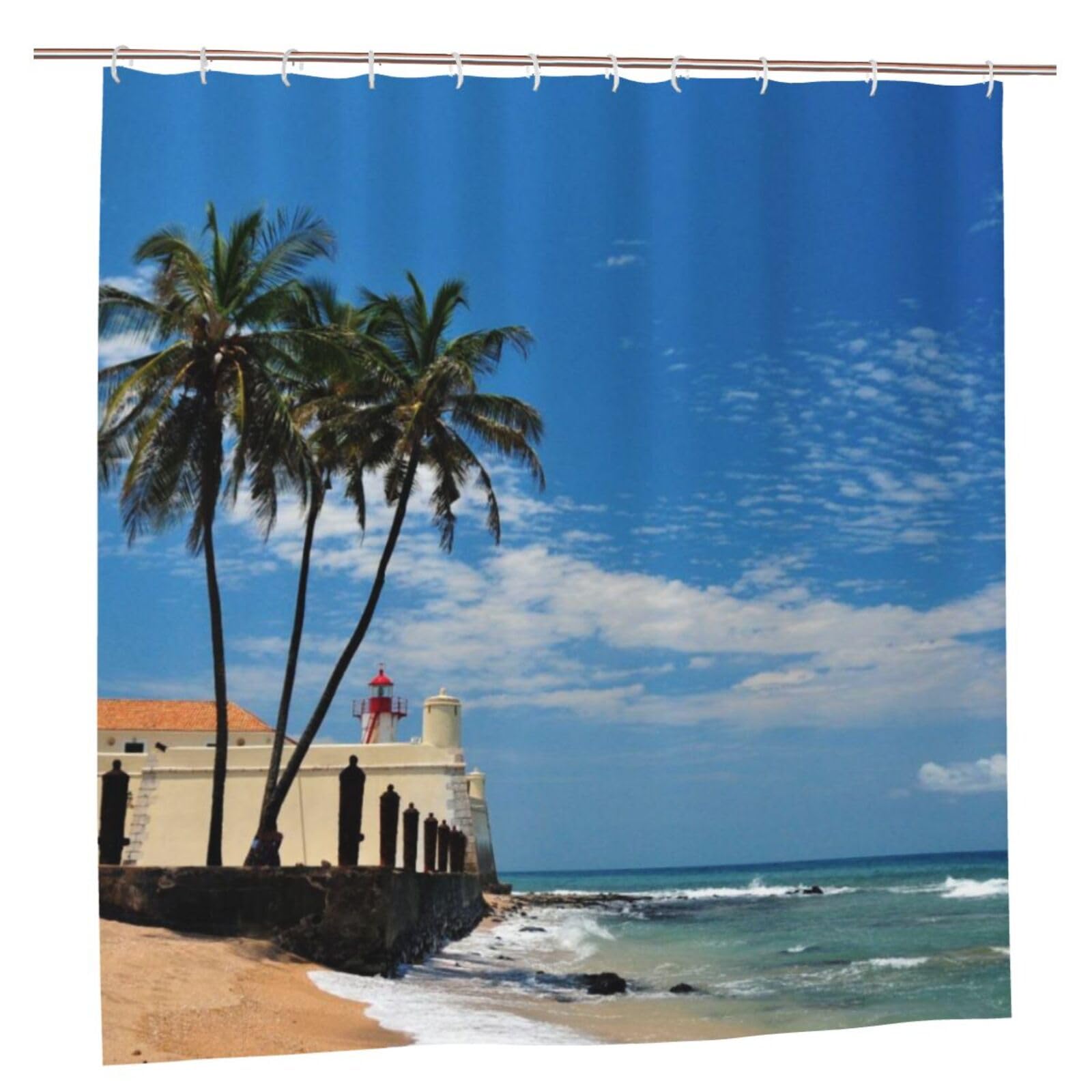 Oudrspo Polyester Fabric Shower Curtain - 70x70 Inch with Metal Grommets, Artistic Privacy Design, Tropical Beach Coconut Trees