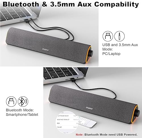 Miniatura 4 de SOULION Altavoces de computadora Bluetooth R50, barra de sonido de PC de 0.138 in para monitor de escritorio, con cable USB alimentado y luces LED