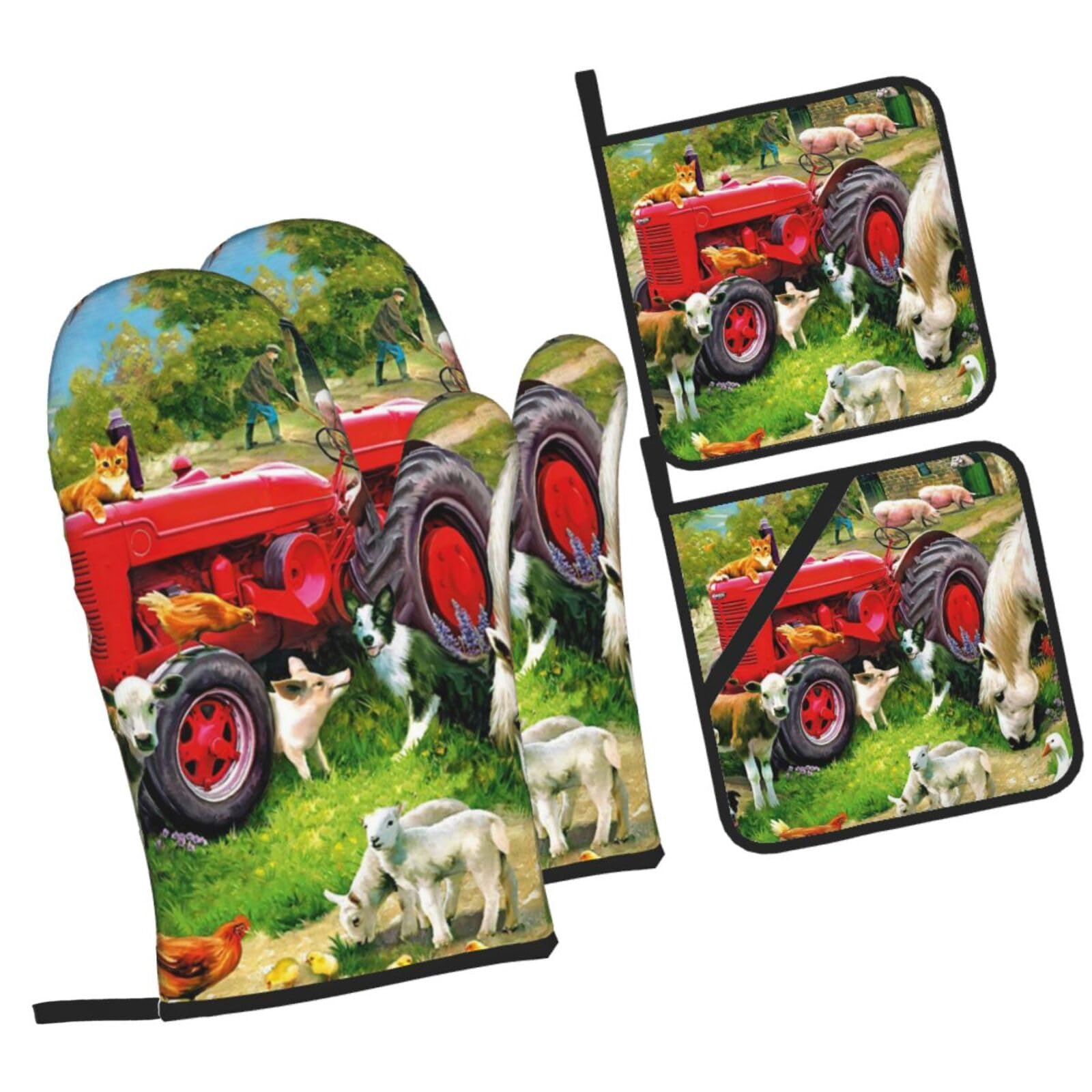 Tractor on the Farm Printed Oven Mitts and Pot Holders Heat Resistant Set of 4 Pcs, Modern Kitchen Gloves & Potholders for Cooking Baking Grilling