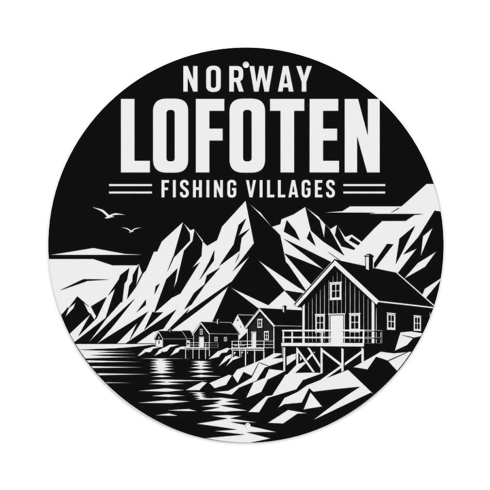 Lofoten Fishing Norwegian Monochrome Island Travel Metal Tin Sign Plaque Wall Decor for Cafe, Man Cave, Club Bar, Office, Home Garden Round Metal Poster 8x8Inch