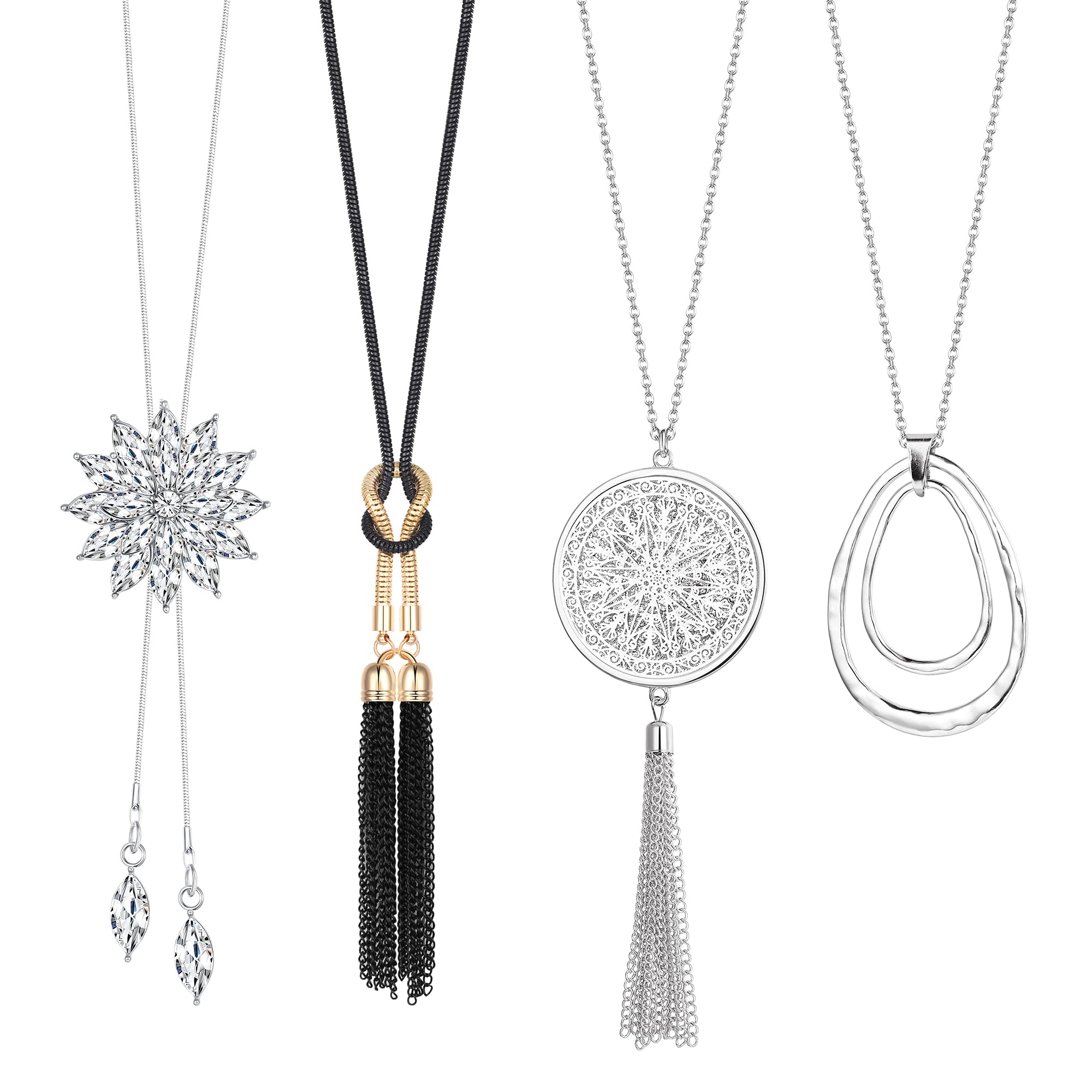 ADRAMATA 4PCS Long Pendant Necklaces for Women Girls Cubic Zirconia Flower Long Adjustable Chain Pendant Sweater Necklaces