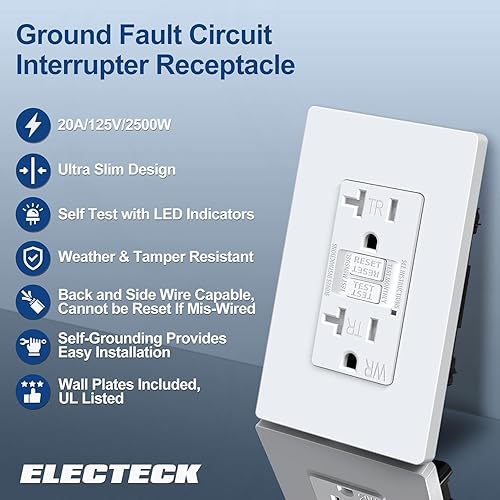 Vista 18 de ELECTECK Paquete de 20 salidas GFCI de 20 amperios, resistentes a manipulaciones (TR), receptáculos GFI de autoprueba con indicador LED, interruptor