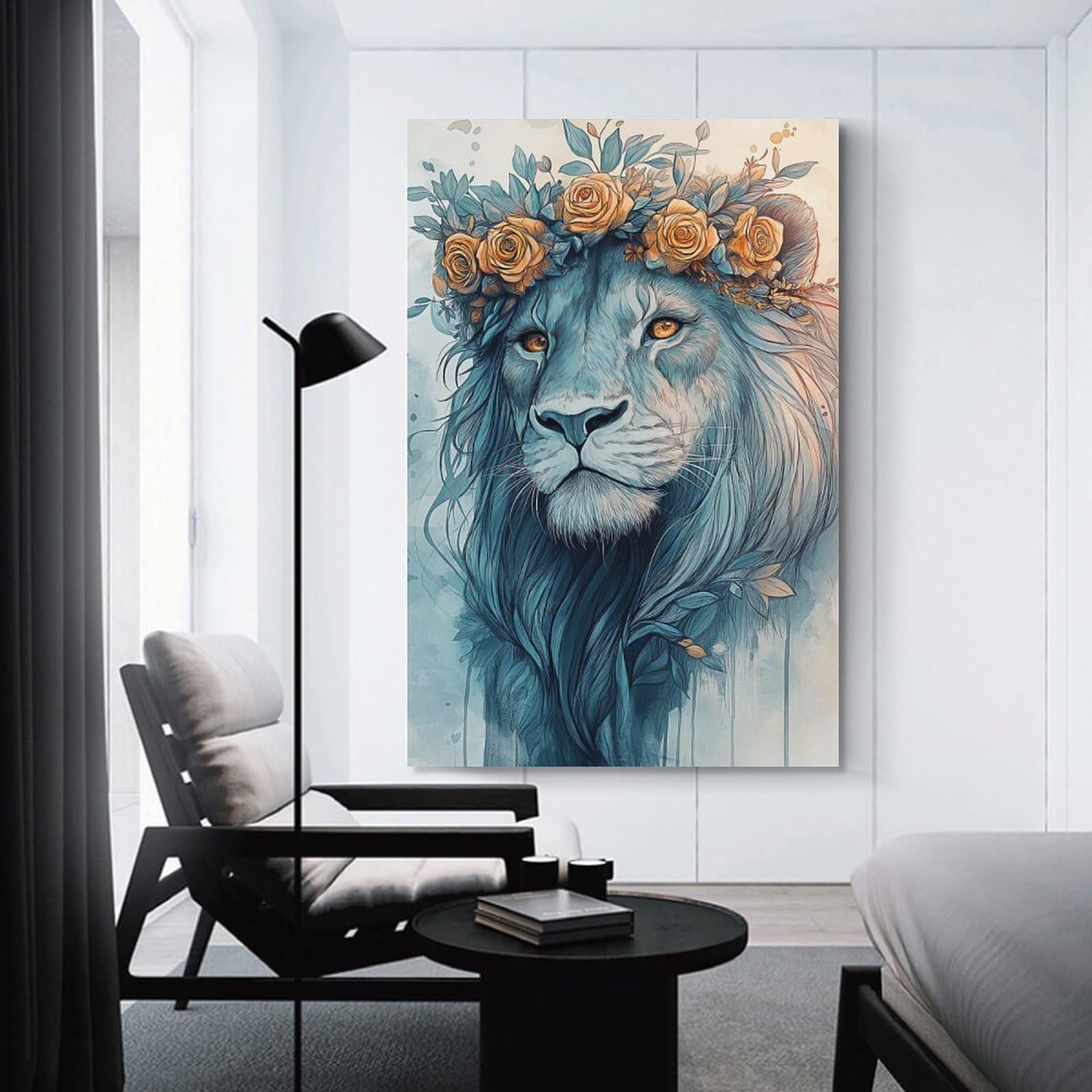 Junmoney Lion with Floral Crown Home Decor Wall Art, 24x36inch(60x90cm), for Apartment Walls, Studios Or Work Areas, Wall Decor with Flexible Room Appeal