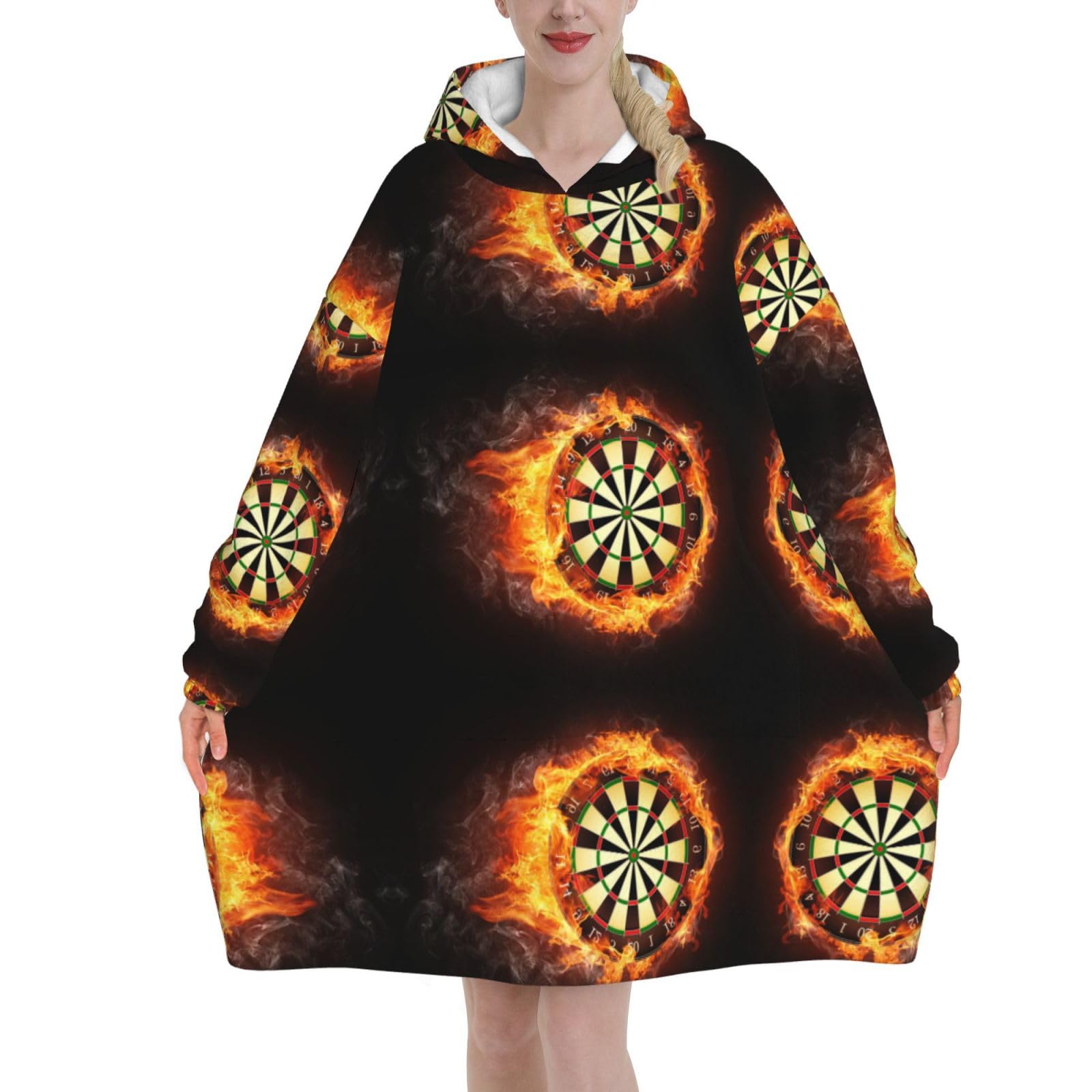 Poadnly Unisex As Picture Flaming Dartboard Fire Dart Board 3D,Women's Oversized Wearable Blanket Hoodie, Blanket Sweatshirt,Flannel Pullover Blanket