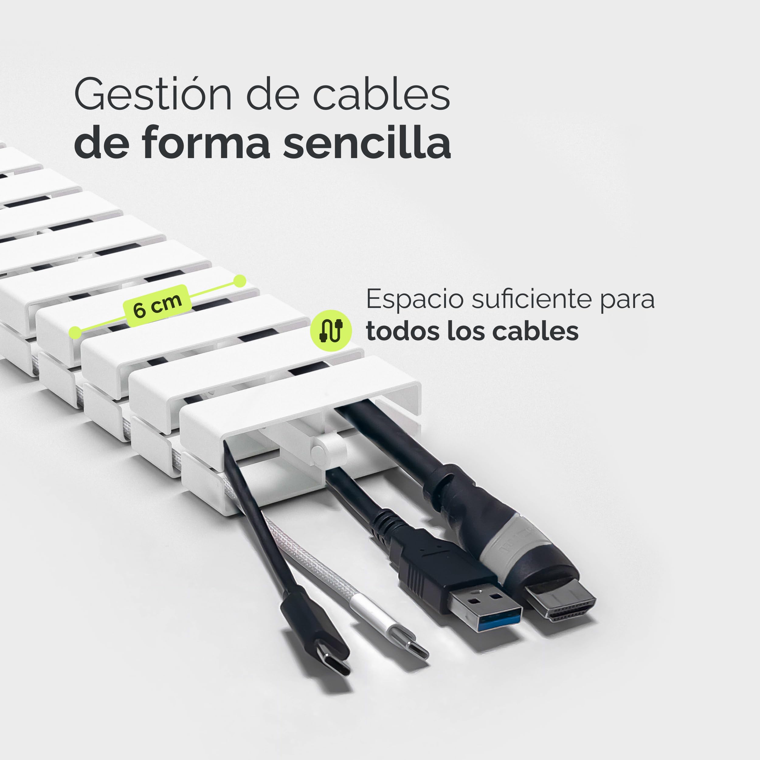 VALU guia pasacables para escritorios hasta 125 cm – Estable y Flexible, eslabón magnético – pasacables para mesas de Altura Fija y Ajustable – Base de Acero & Almohadillas de Goma