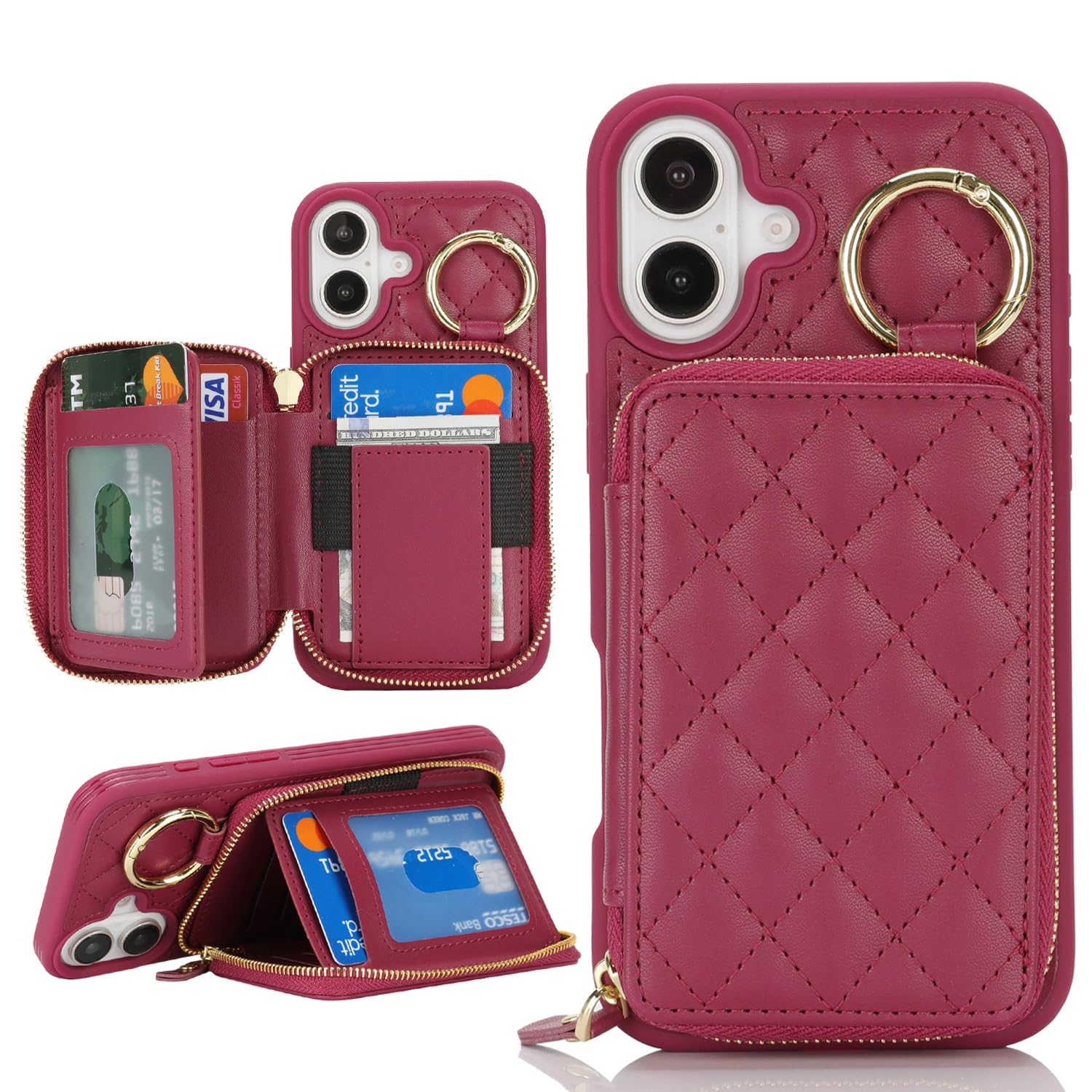 Hamany for iPhone 16 Case Wallet with Card Holder,for iPhone 16 Phone case Wallet with Zipper with Slot Kickstand Stand for Women and Man Case for 5G