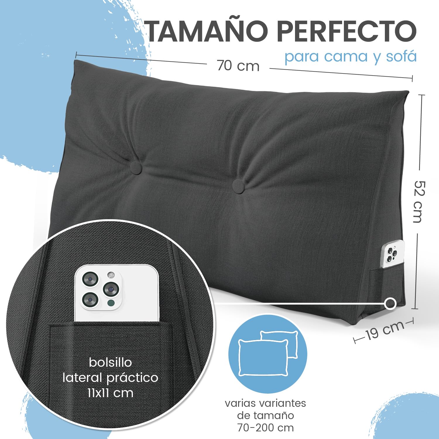 ELONEO Cojín de Respaldo 70 cm de Ancho, cojín en Esquina Apto para Cama y sofá