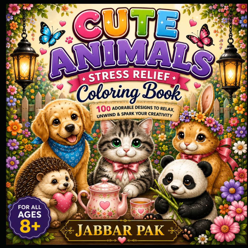 CUTE ANIMALS STRESS RELIEF COLORING BOOK: 100 Adorable & Easy Coloring Pages for Relaxation, Mindfulness, Creativity and Everyday Stress Relief for Teens, Adults & Seniors