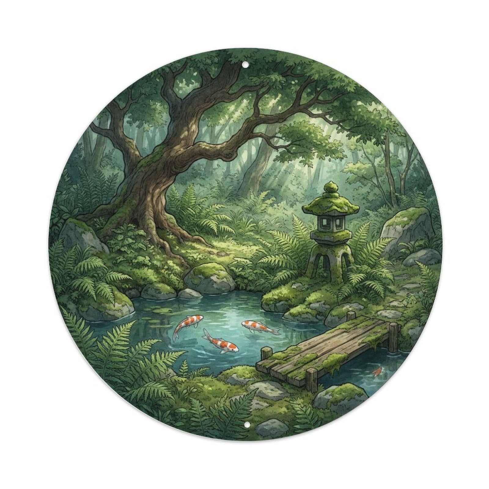 Galvaxio Style Japanese Koi Fish Fern Garden Shade Green Metal Tin Sign