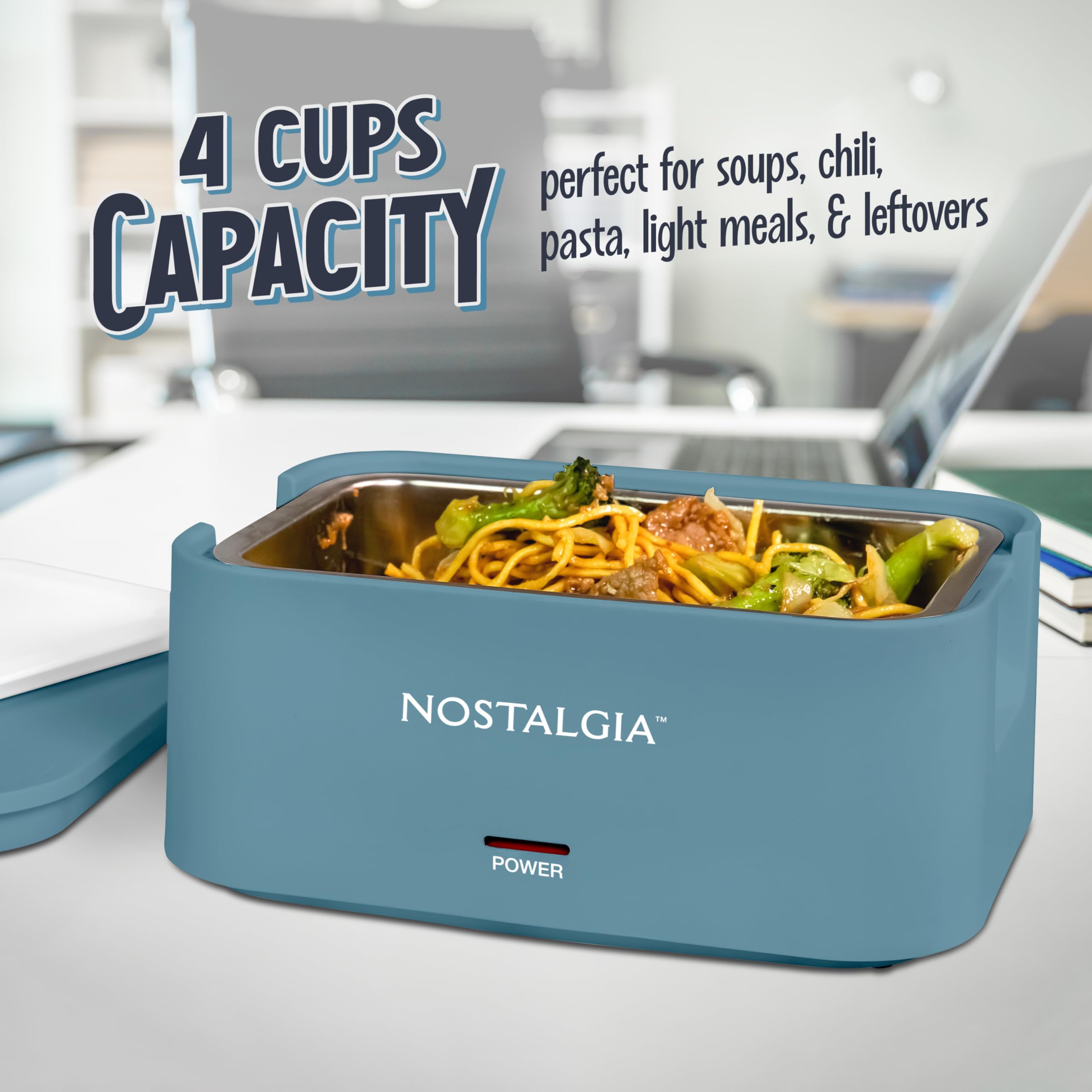 Nostalgia Lonchera portátil con calefacción, calentador de alimentos de acero inoxidable para 4 tazas, cable desmontable, tapa a prueba de fugas, asa de transporte, portátil para el trabajo y viajes