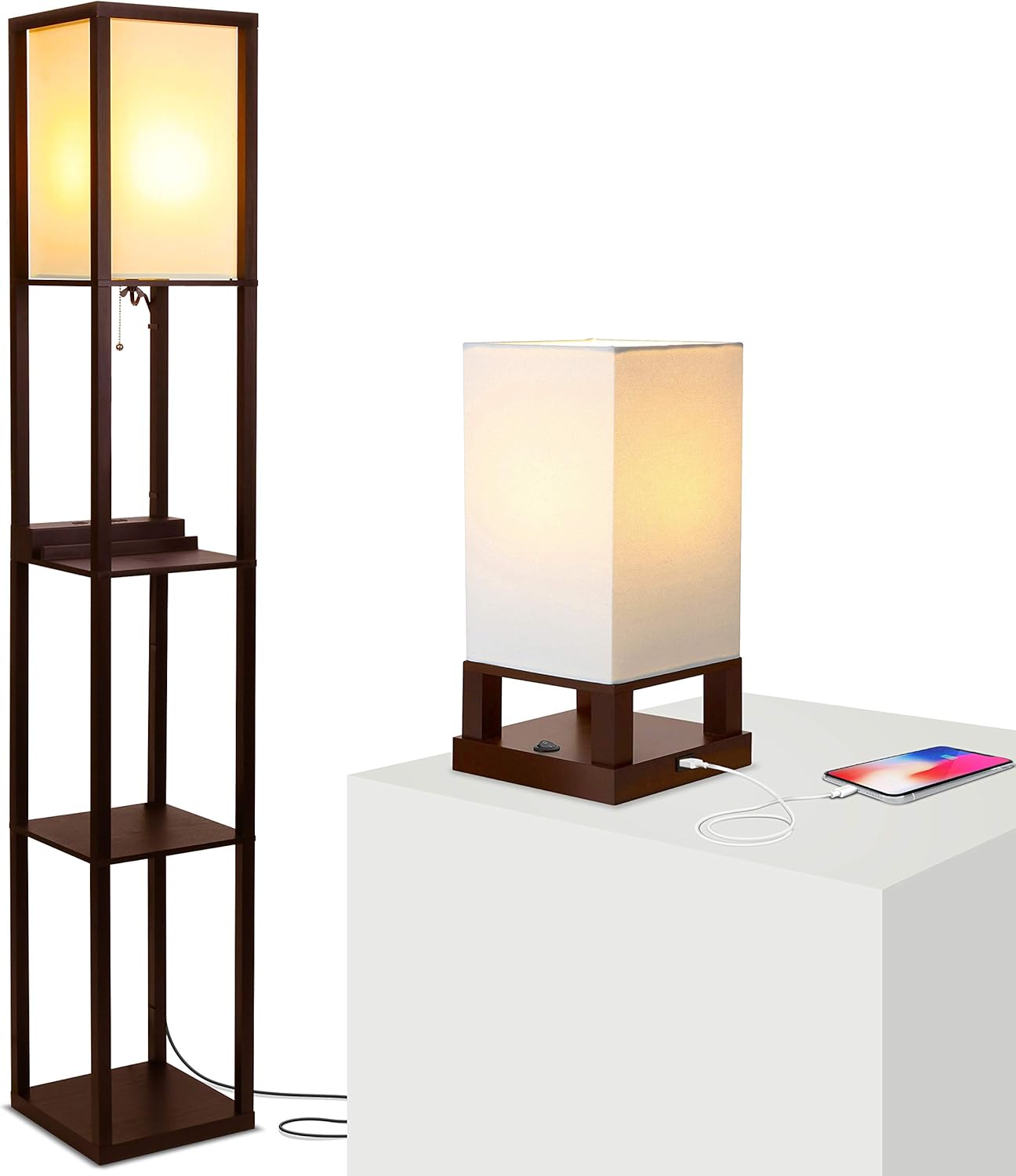 Brightech Maxwell Floor & Table Lamp Set of 2 - Narrow Side Table and Nightstand Lamp with USB Ports - Perfect Floor Lamp for Bedroom or Living Room - Wooden Frame, LED Bulb, Ambient Light - Brown