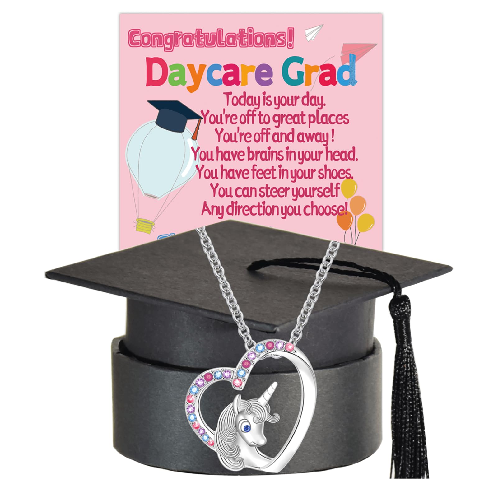 Graduation Gift Set For Her - Unicorn Necklace With Graduation Cap Box & Card (Silver Jewelry)