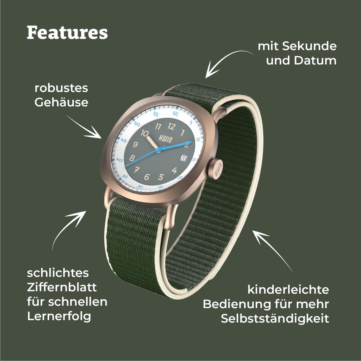KWIO - Takk Kinderuhr I Analoge Armbanduhr für Jungen & Mädchen 32mm I Quarz-Uhrwerk & Edelstahlgehäuse I Leicht zu wechselndes Klettarmband I Wasserdicht bis 5 ATM