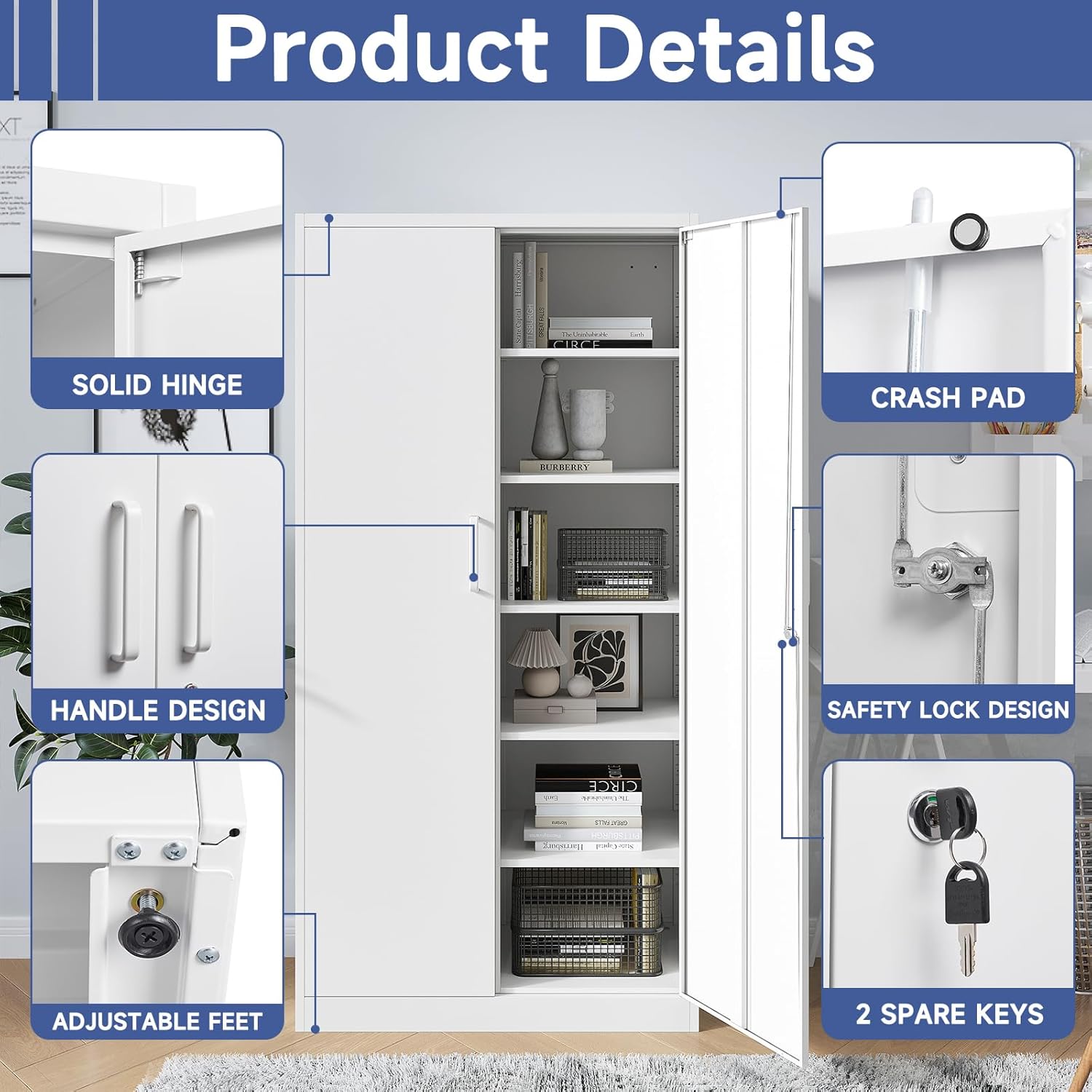 Metal Garage Storage Cabinet, 71" Locking Cabinet with 2 Doors and 5 Adjustable Shelves, White