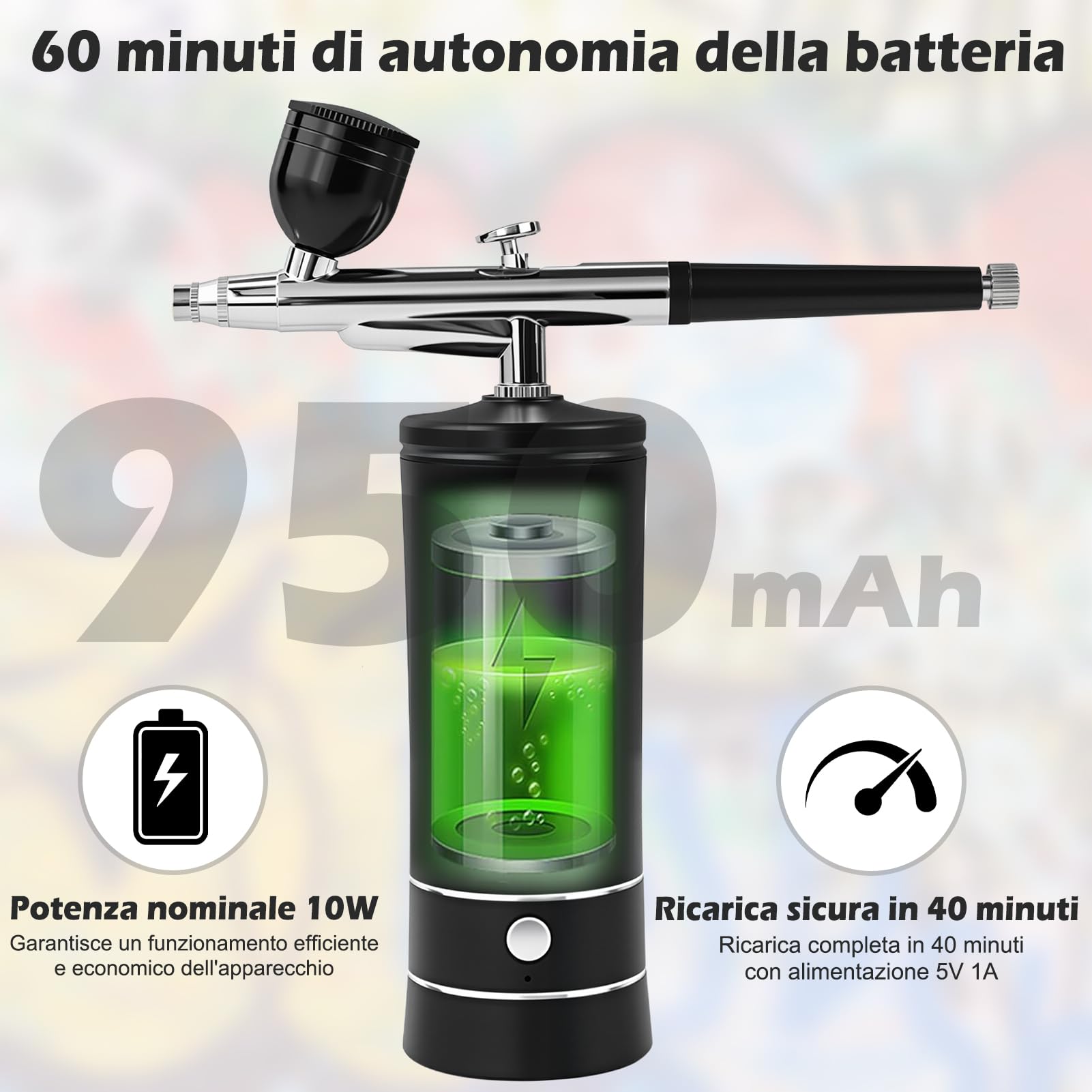 Set aerografo portatile con compressore, Plus | Pistola aerografo ricaricabile da 950 mAh, per nail art, decorazione di torte, trucco, tatuaggi, modellismo