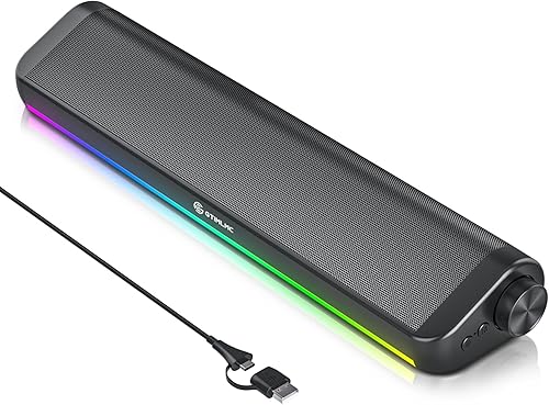 Altavoces de computadora para computadora de escritorio, 5 modos dinámicos de luz LED RGB, entrada con cable USB, perilla de fácil control, barra de