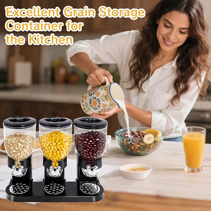 Dispensador Triple para Alimentos Secos con Taza Negro, Contenedor de Almacenamiento para Cereal 67oz cada uno para Cocina, Arroz, Frutos Secos, Bocadillos, Caramelos miniatura 6