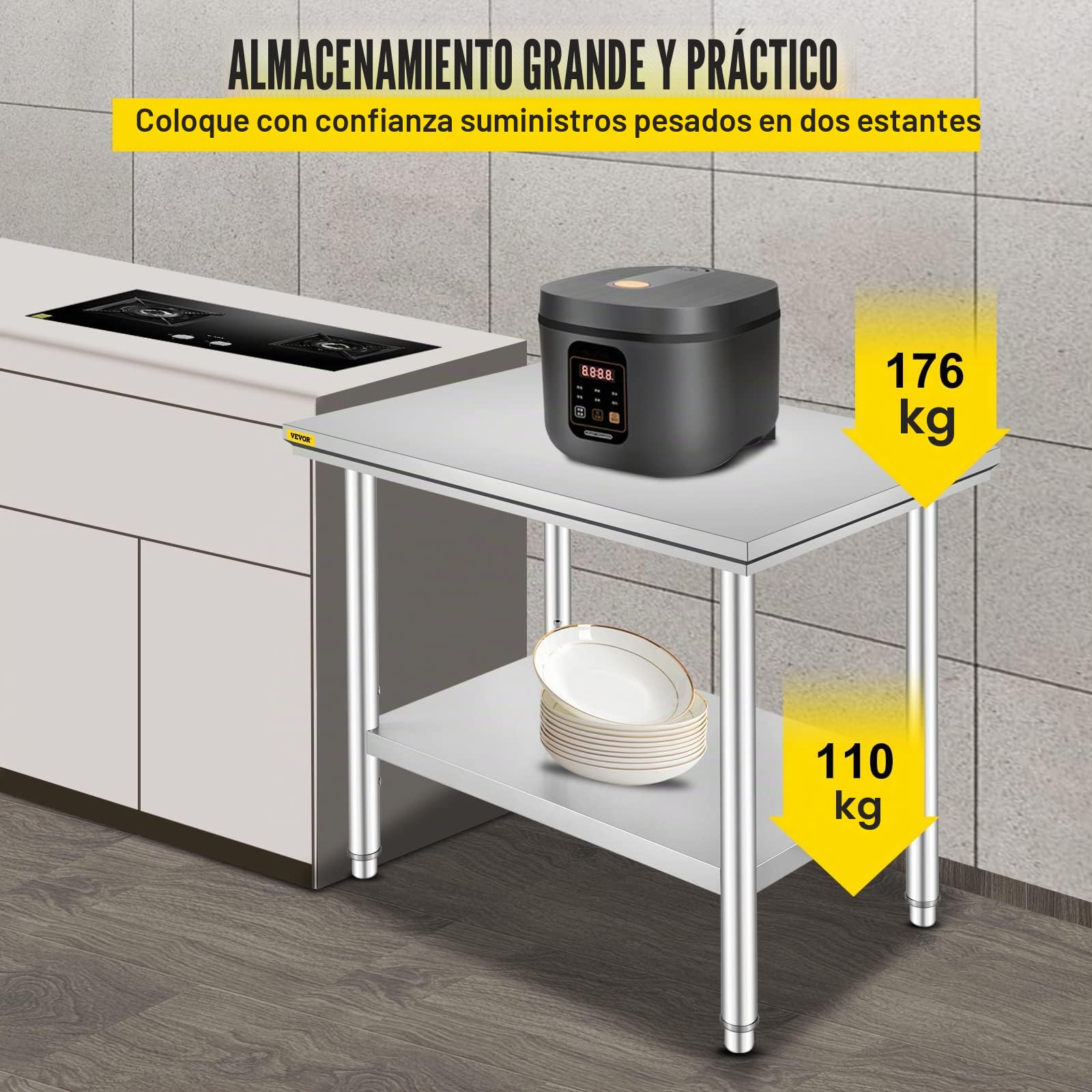 VEVOR Mesa de Trabajo Cocina INOX, Encimera de Trabajo Cocina en 2 Plantas, Mesa de Trabajo de Acero Inoxidable para Preparación de Cocina de Alimentos de Comidas Hoteles Oficinas Hospitales