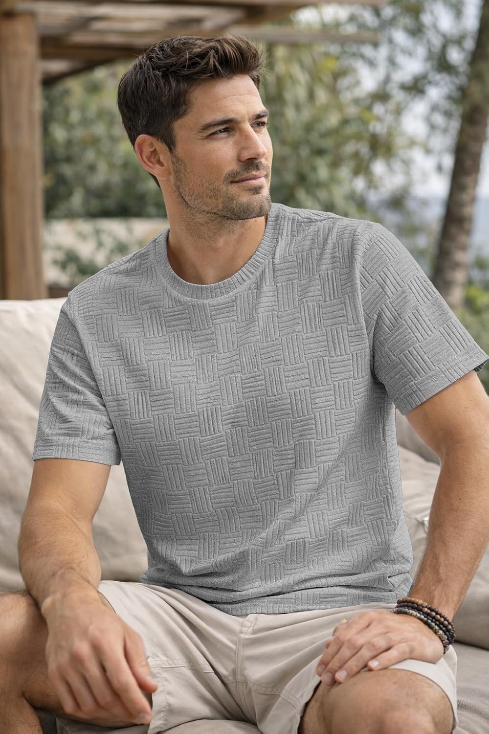 JMIERR Mens T-Shirt Casual Stretch Solid Crewneck Short Sleeve Tees Textured Shirts - Image 4