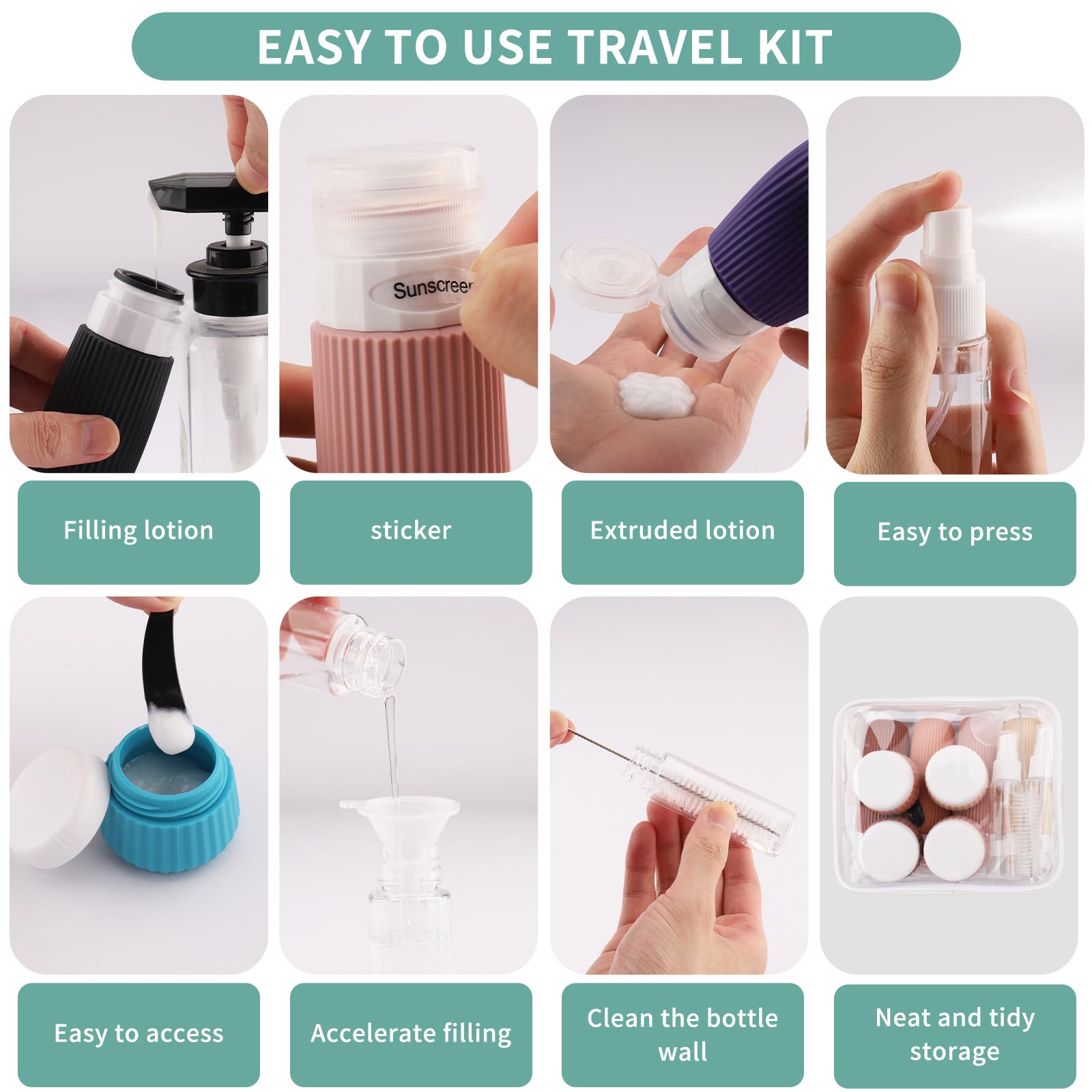 18 Pezzi Bottiglie da Viaggio in Silicone, Kit Viaggio Liquidi Riutilizzabili, Flaconi da Viaggio con Etichetta Possono Riempire Cosmetici, Articoli da Bagno e Altri Liquidi e Creme