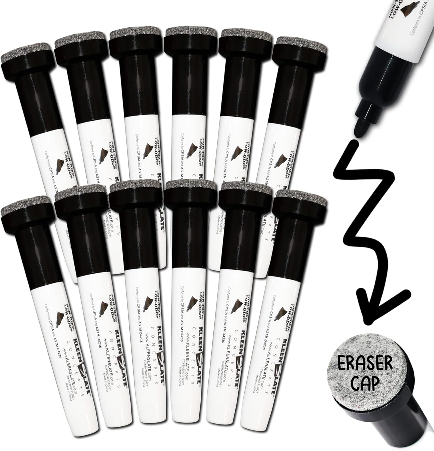 KleenSlate (36 Pack Large Black Dry Erase markers with Eraser Cap, Bullet Point.