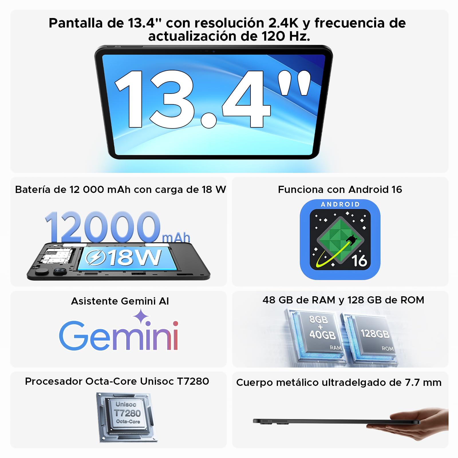 P13 Tablets 13.4 Pulgadas, 2.4K 120Hz Tablet Android 16 & Gemini AI, 48GB RAM + 128GB ROM, T7280, 120P1300mAh, Widevine L1, 13MP+8MP, Altavoces Duales, Tablet con Teclado, Lapiz, Funda, Negro