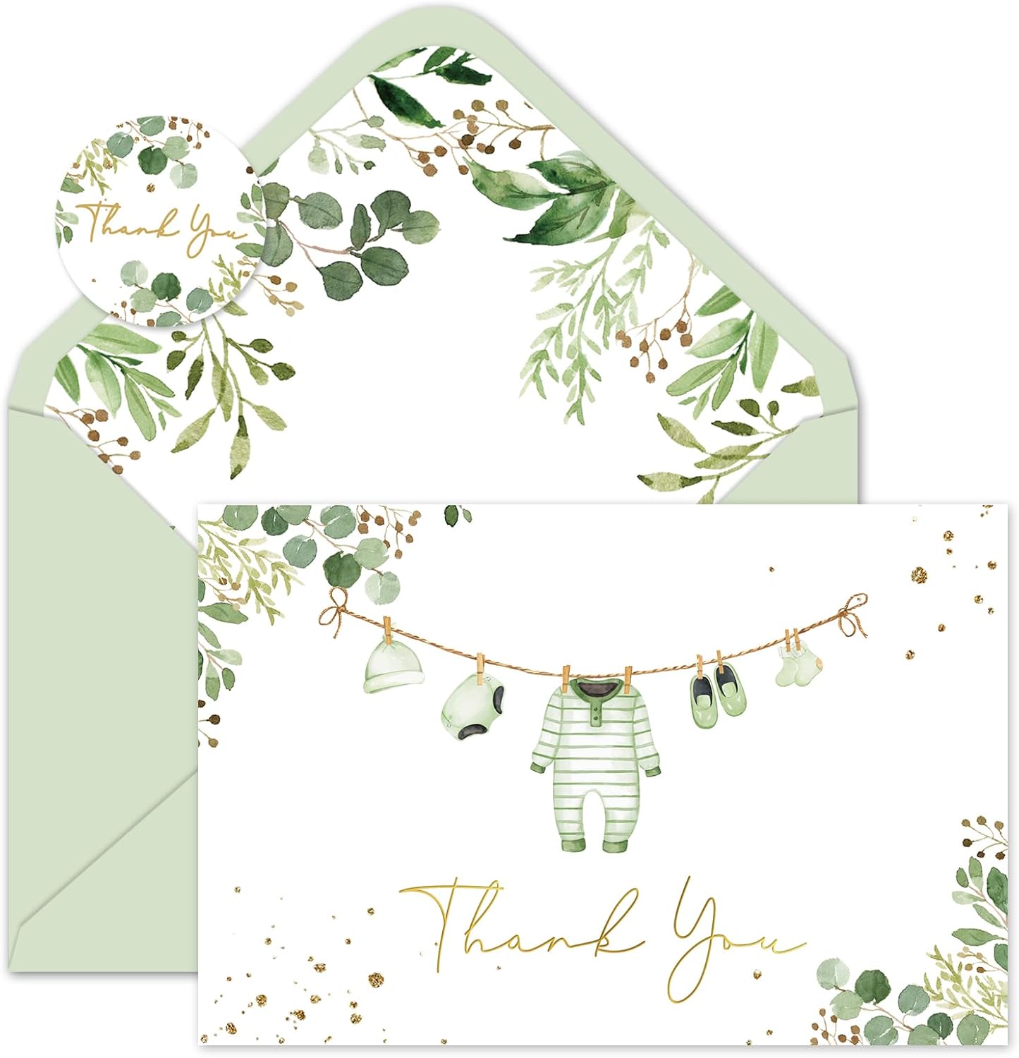 Whaline Baby Shower Thank You Cards 24 Pack Green Baby Note Cards with Envelope Sticker Foil Gold Greeting Cards for Birthday Gender Reveal