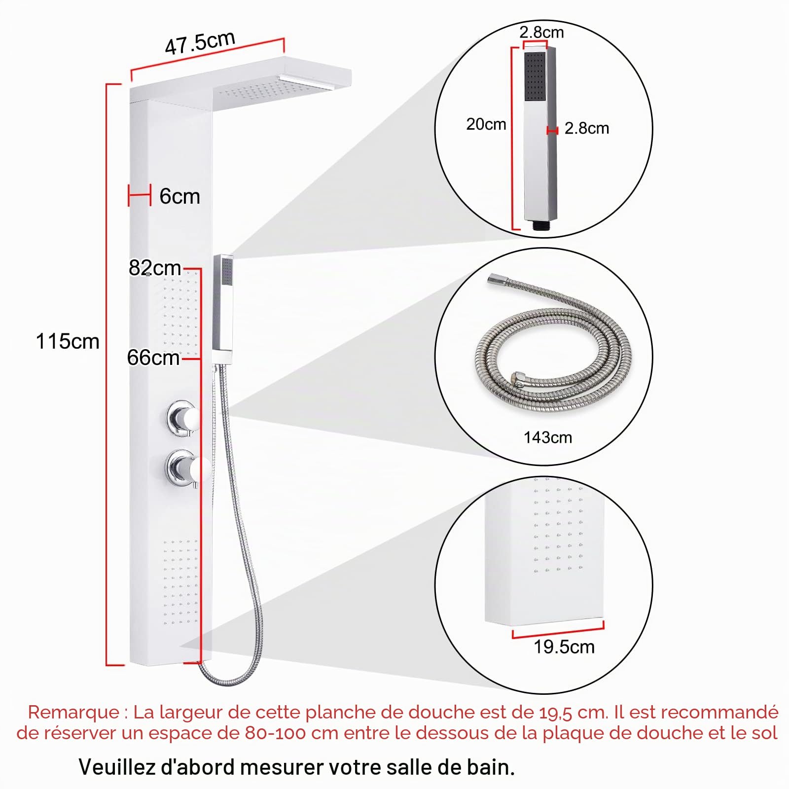 Froadp Système de Douche à Effet Pluie Ensemble Mural en Acier Inoxydable Brossé avec Douche de Massage Ensemble de Douche et Cascade à Main Ensemble de Luxe pour Salle de Bain (Blanc Mat)