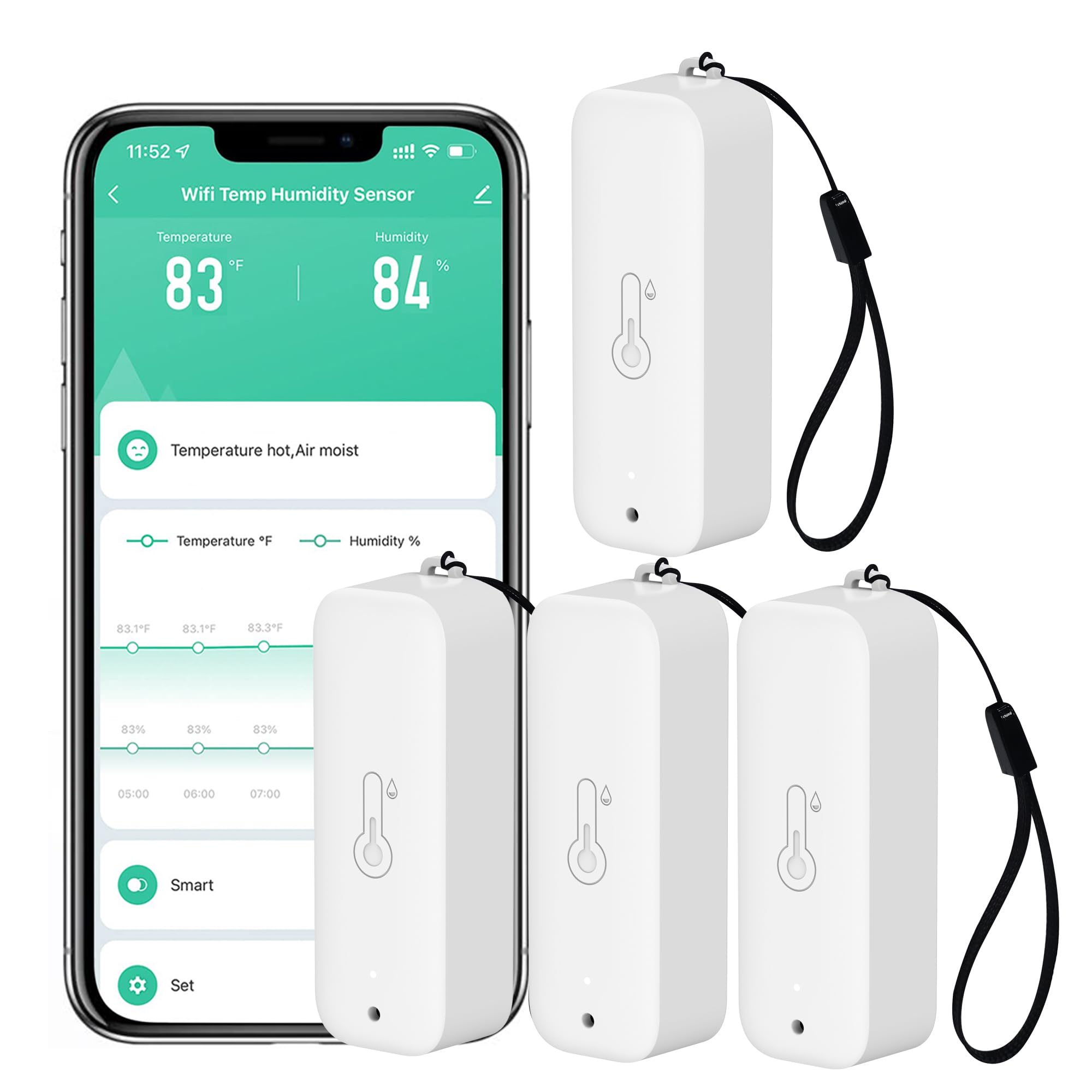 Capteur WiFi hygromètre thermomètre : moniteur intelligent de température et d'humidité sans fil avec notification d'application, exportation de stockage de données, fonction d'étalonnage 4 PCS-Blanc