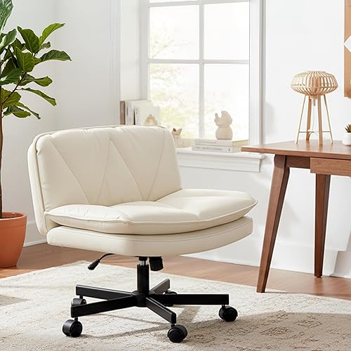Miniatura 9 de Silla cruzada con ruedas, silla de oficina con patas cruzadas con cojín de 2 capas, cómodo asiento ancho, cuero, sin espacios, sillas de tocador