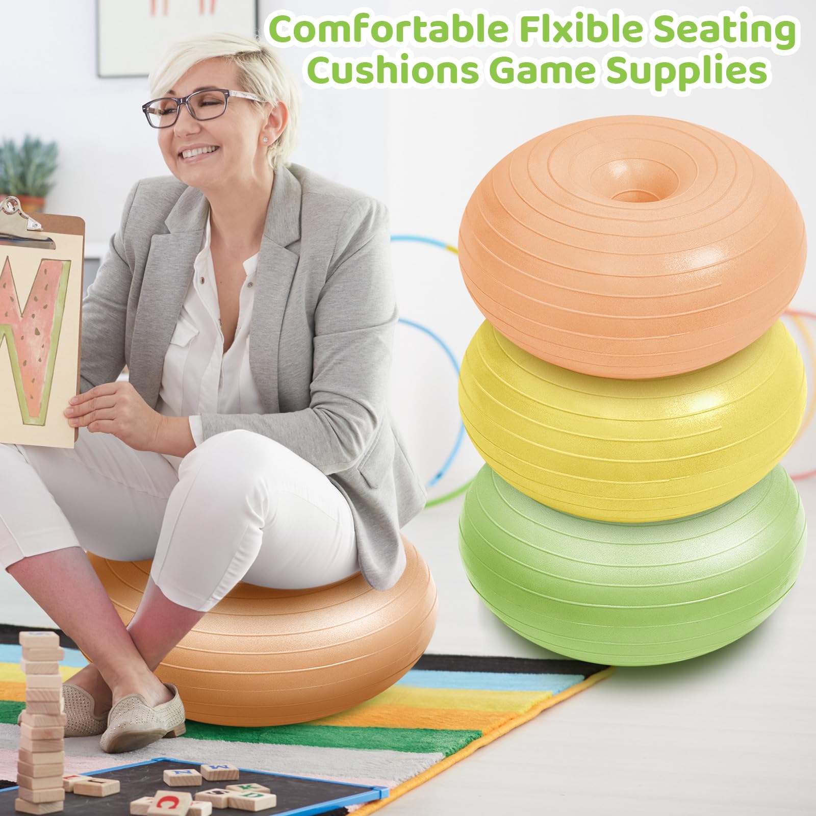 6 Pcs Flexible Seating for Classroom Elementary Yoga Ball Chairs for Kids Inflatable Yoga Ball Office Chair Stability Balance Trainer with Black Inflator for Student Desk Chairs