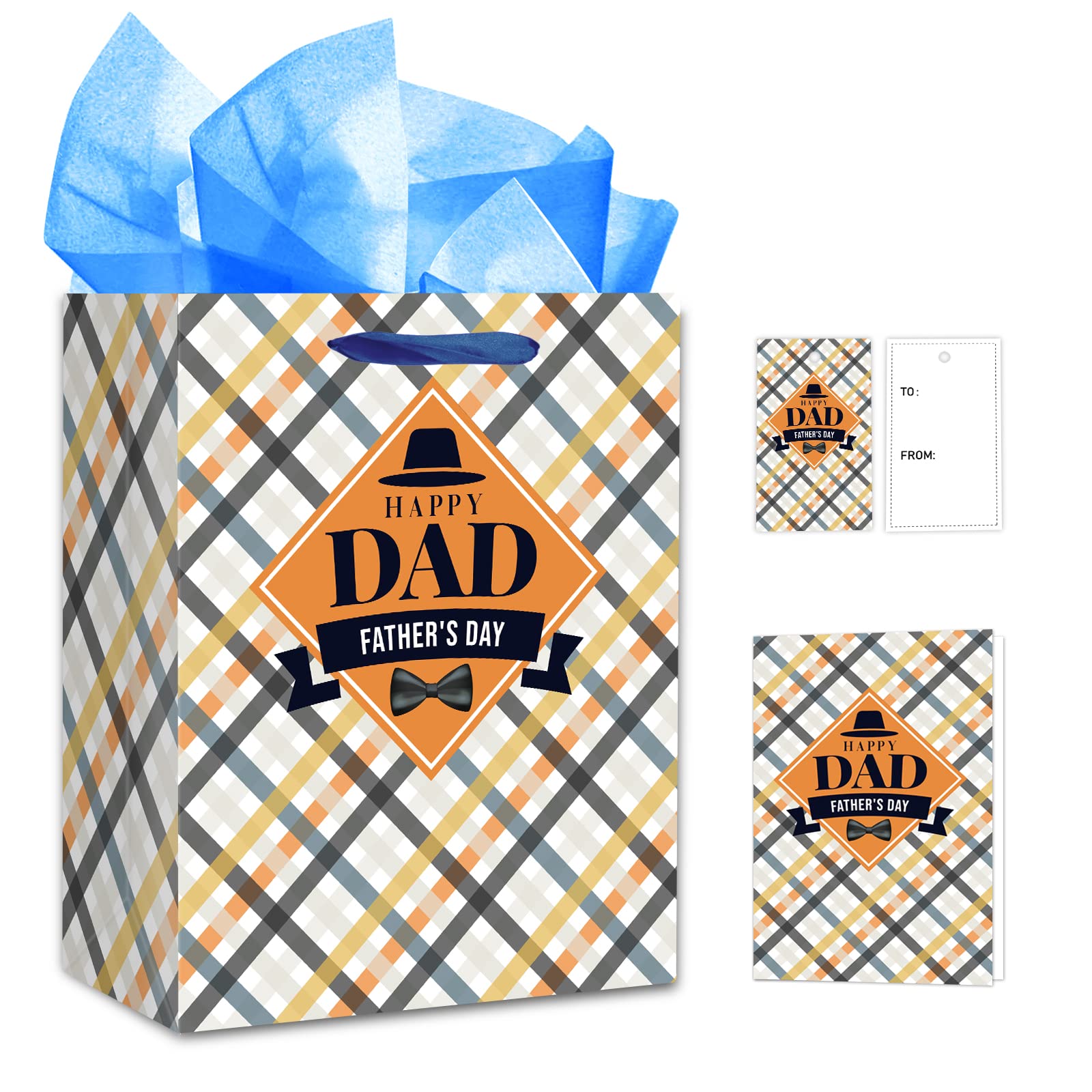 Hohomark Happy Fathers Day Gift Bags,11.5" Fathers Day Paper Bag with Tissue Paper and Card,Father Day Wrapping Paper Bag for Dad Stepdad Husband from Daughter Son Wife, Multicolor