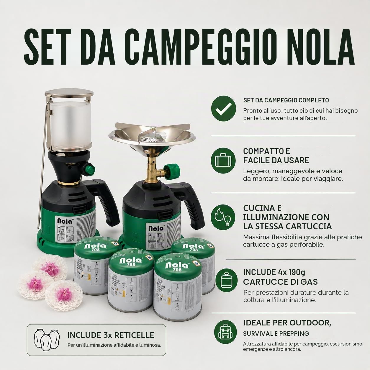NOLA Set da campeggio + fornello a gas + 4 cartucce di gas pungente + lampada