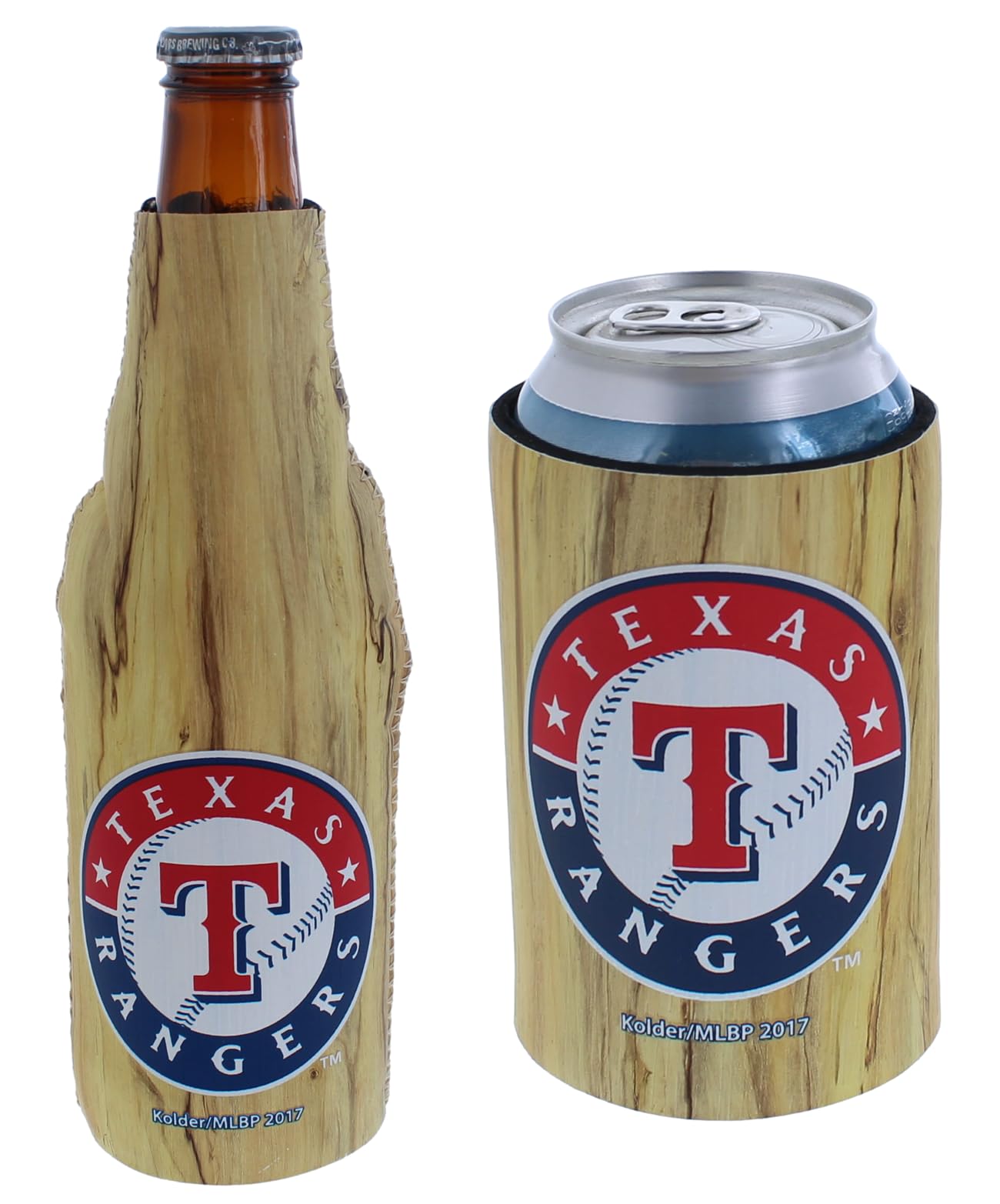 MLB Baseball Can & Bottle Holder Insulator Beverage Cooler (Texas Woody Bat Logo (Rangers))