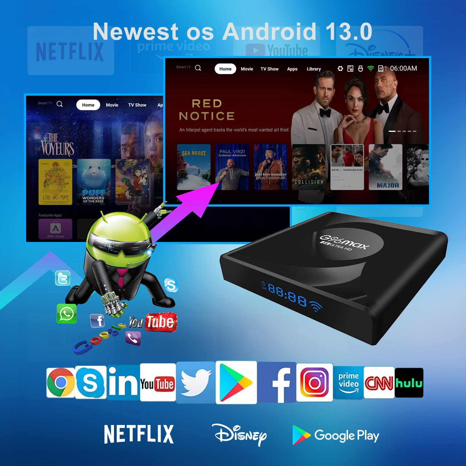Boîtier TV Android 13.0, Boîtier TV Intelligent G96maxr8 Rk3528 Quad Core 64 Bits, Prise en Charge du Processeur HD 4K/3D/H.265 Ethernet 2.4/5G Double WiFi BT 5.0, Décodeur,2gb+16gb