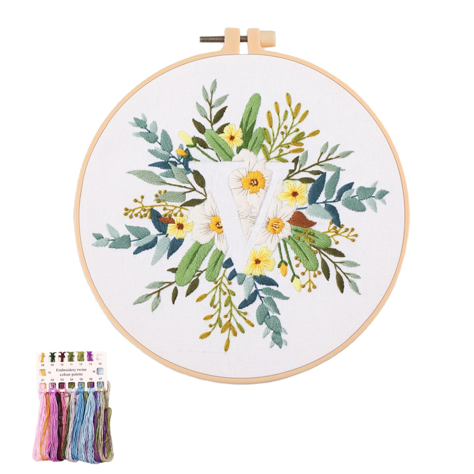 artcici Embroidery Kits Plant Flower Letter V Patterns for Beginners Adults, Full Range Embroidery Starter Kits Cross Stitch Needlework Supplies (Letter V)