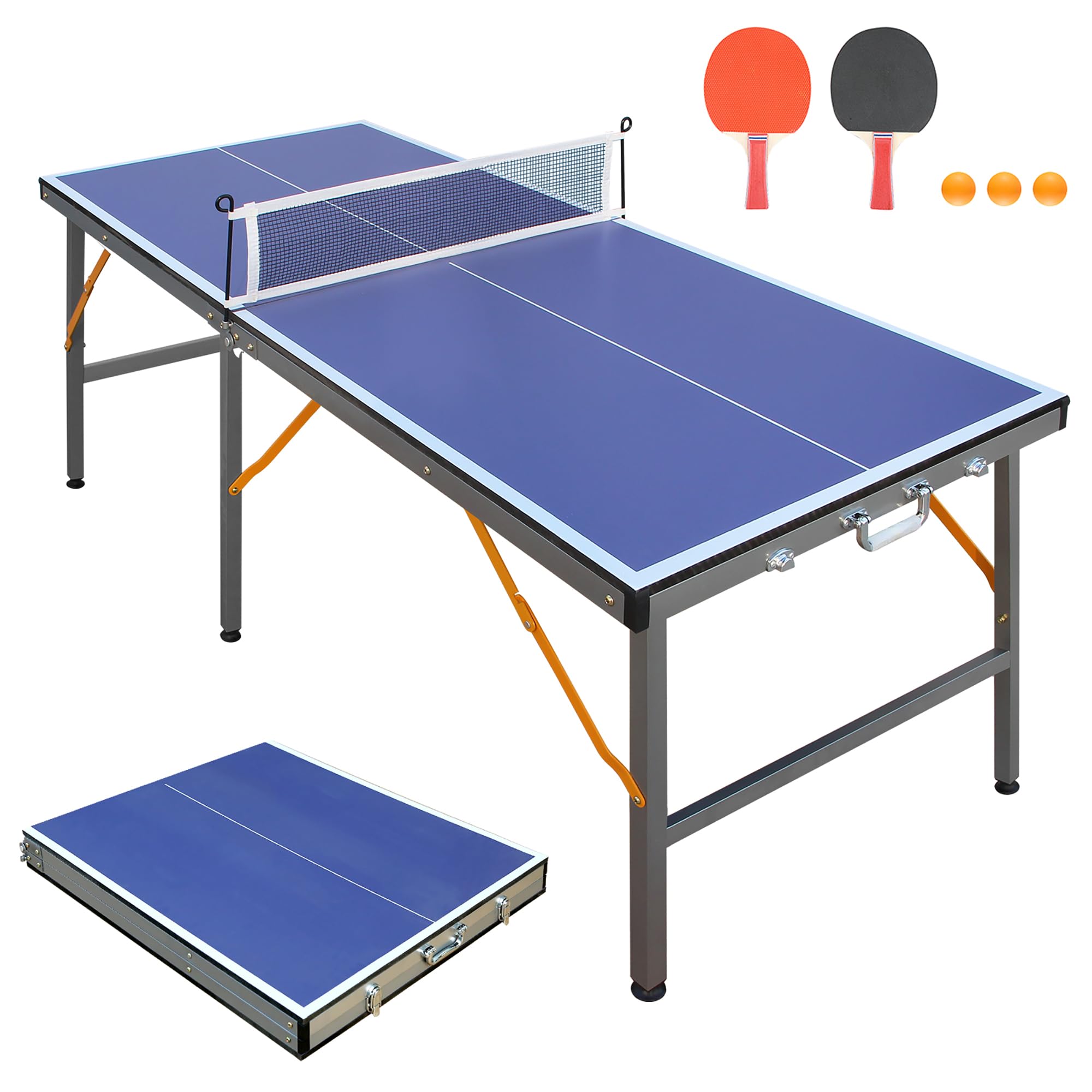 5FT Folding Table Tennis Table, Indoor/Outdoor Blue Ping Pong Table 152.4 x 66.04 x 66.04cm, With Net two Table Tennis Bats and three Balls Heavy-duty Steel Frame (Blue)