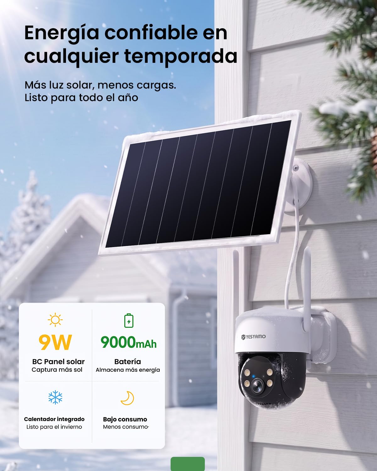 YESYAMO AOV 24/7 Grabación Continua Cámara Vigilancia WiFi Exterior 4MP | Panel Solar 9W, Batería 9000 mAh con Calefacción, Detección IA 30M, 360° Seguimiento Automático, Sin Cables para Casa, 2.4GHz