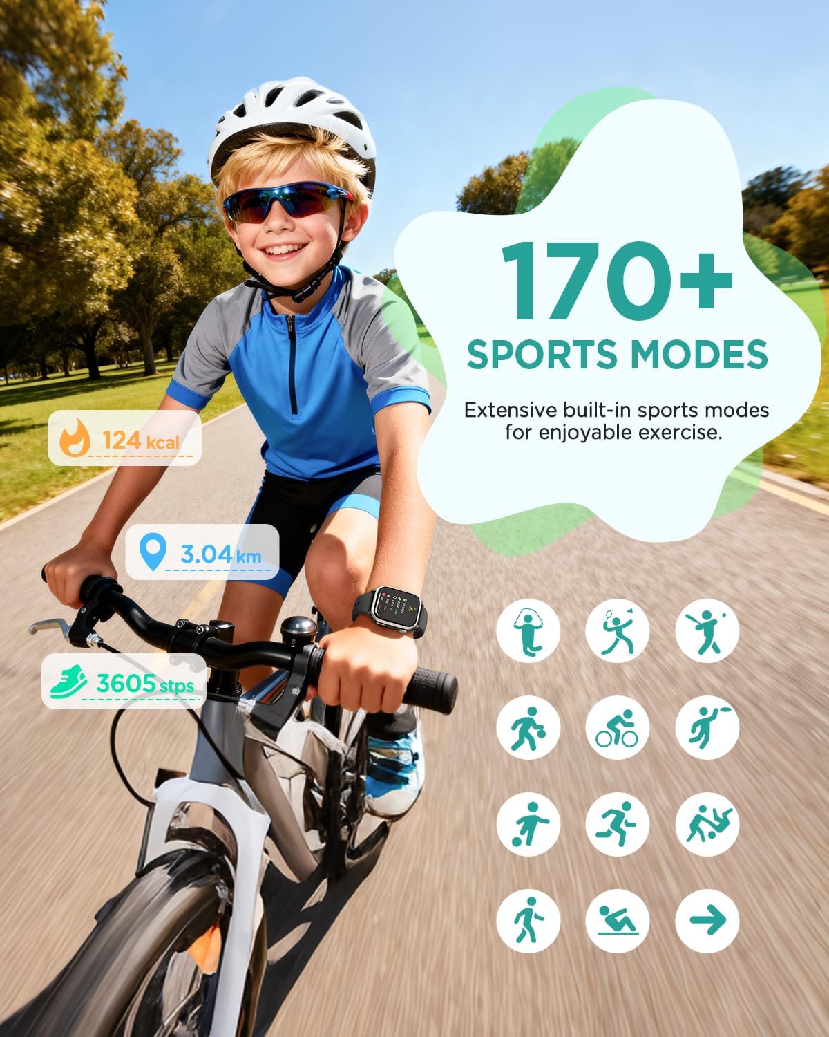 Child riding a bicycle wearing the RUXINGX smartwatch, displaying 170+ sports modes.