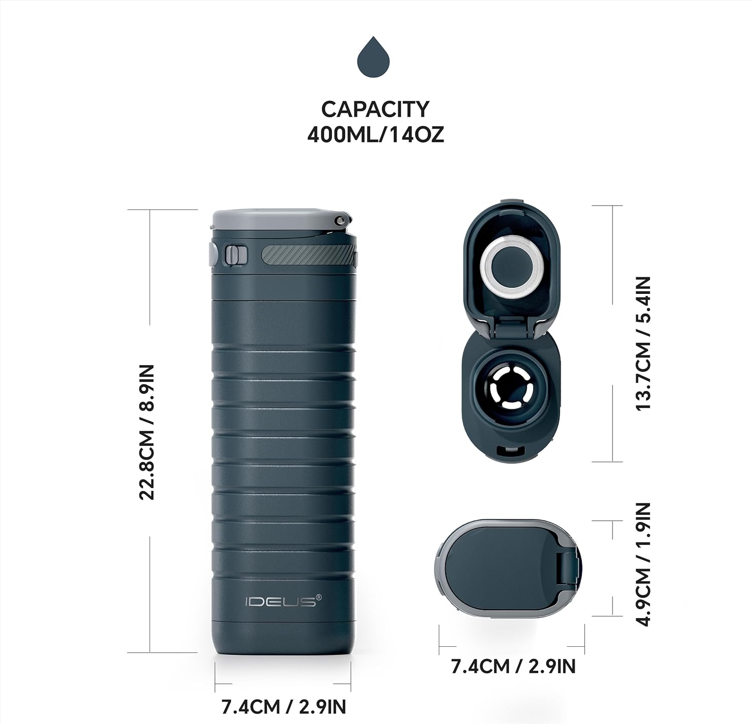 IDEUS Insulated Stainless Steel Water Bottle 14 oz Lockable Lid & Leakproof Travel Coffee Mug for Hot/Cold Beverages Fits Most Cup Holder (Navy Blue) - Image 7