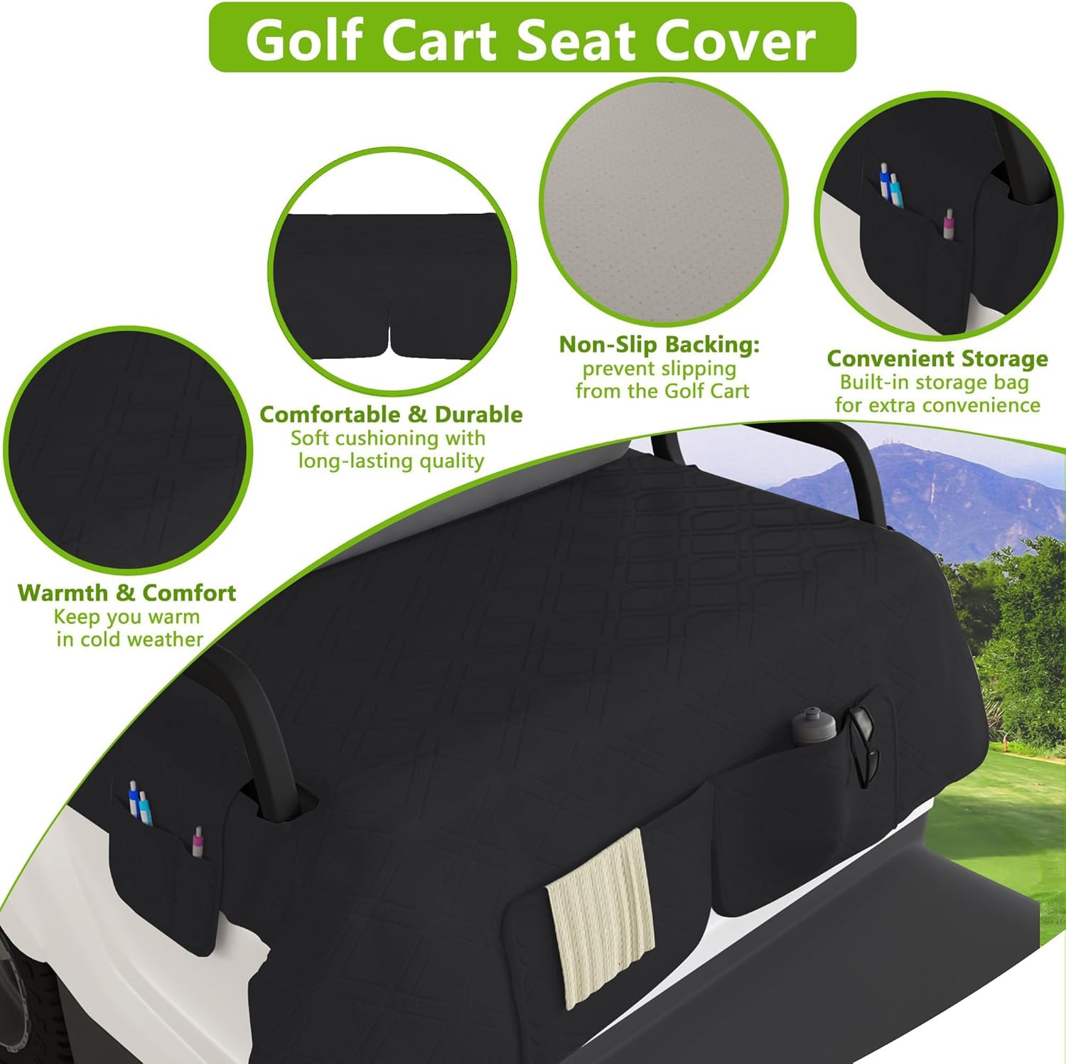 Golf Cart Seat Cover & Phone Holder Set, 360° Magnetic Mount for Club Car, Waterproof Seat Cover with 3 Pockets, Golf Accessories Gifts for Men Dad, Black