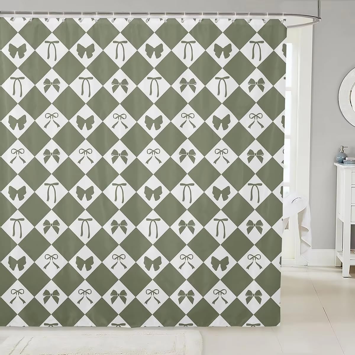 KELAIMI Cute Coquette Style Geometric Shower Curtain,Argyle Bow Bathroom Curtains with Hooks,Simple Waterproof Polyester Fabric Bathtub Curtains Green 90X180Cm