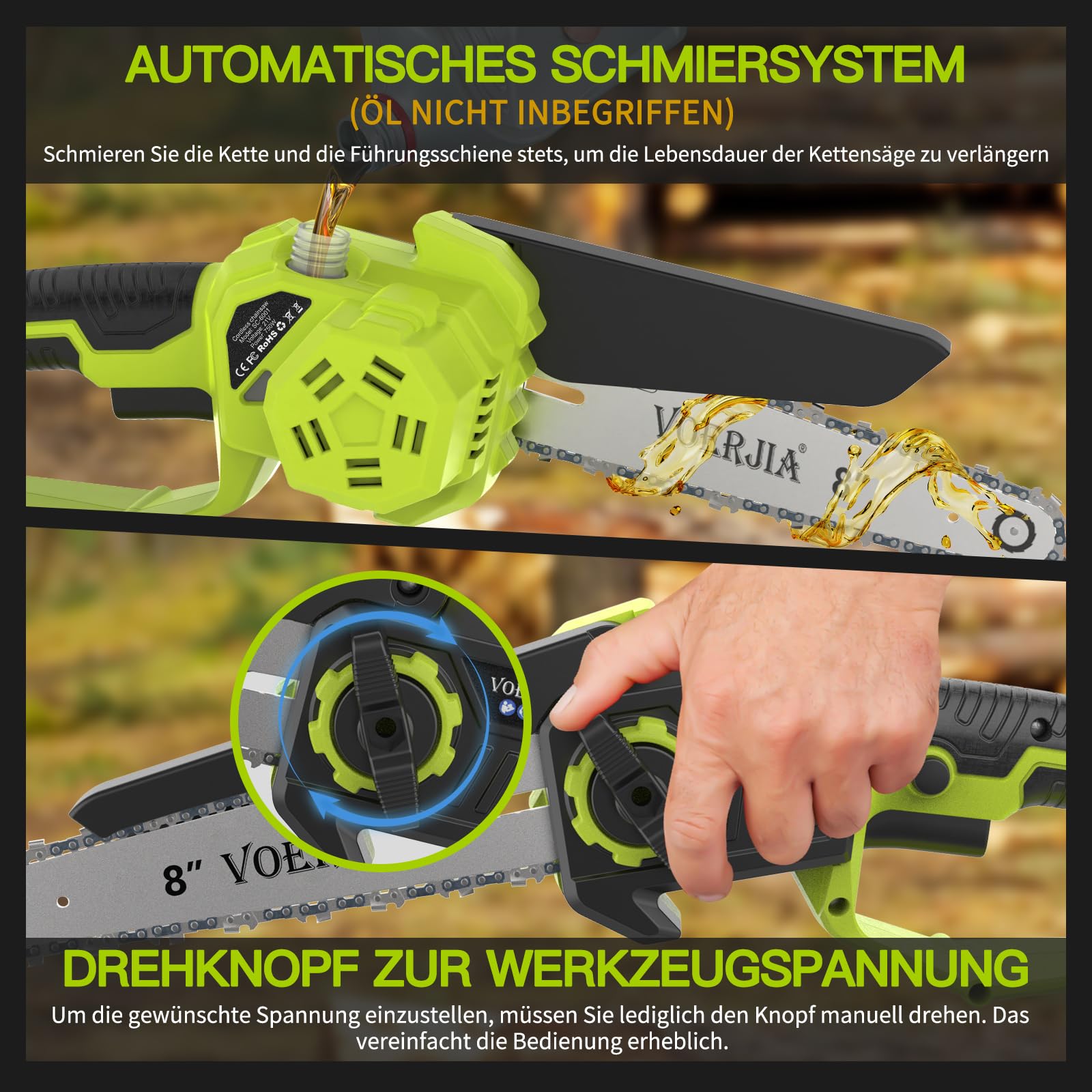 VOERJIA Élagueuse sur Perche 2-en-1 avec Mini Tronçonneuse 6” & 8”, Extension Jusqu’à 4,9 m, Moteur Brushless, 2×4.0Ah Batteries, Tronçonneuse Électrique Sans Fil pour Coupe Branches et Jardin