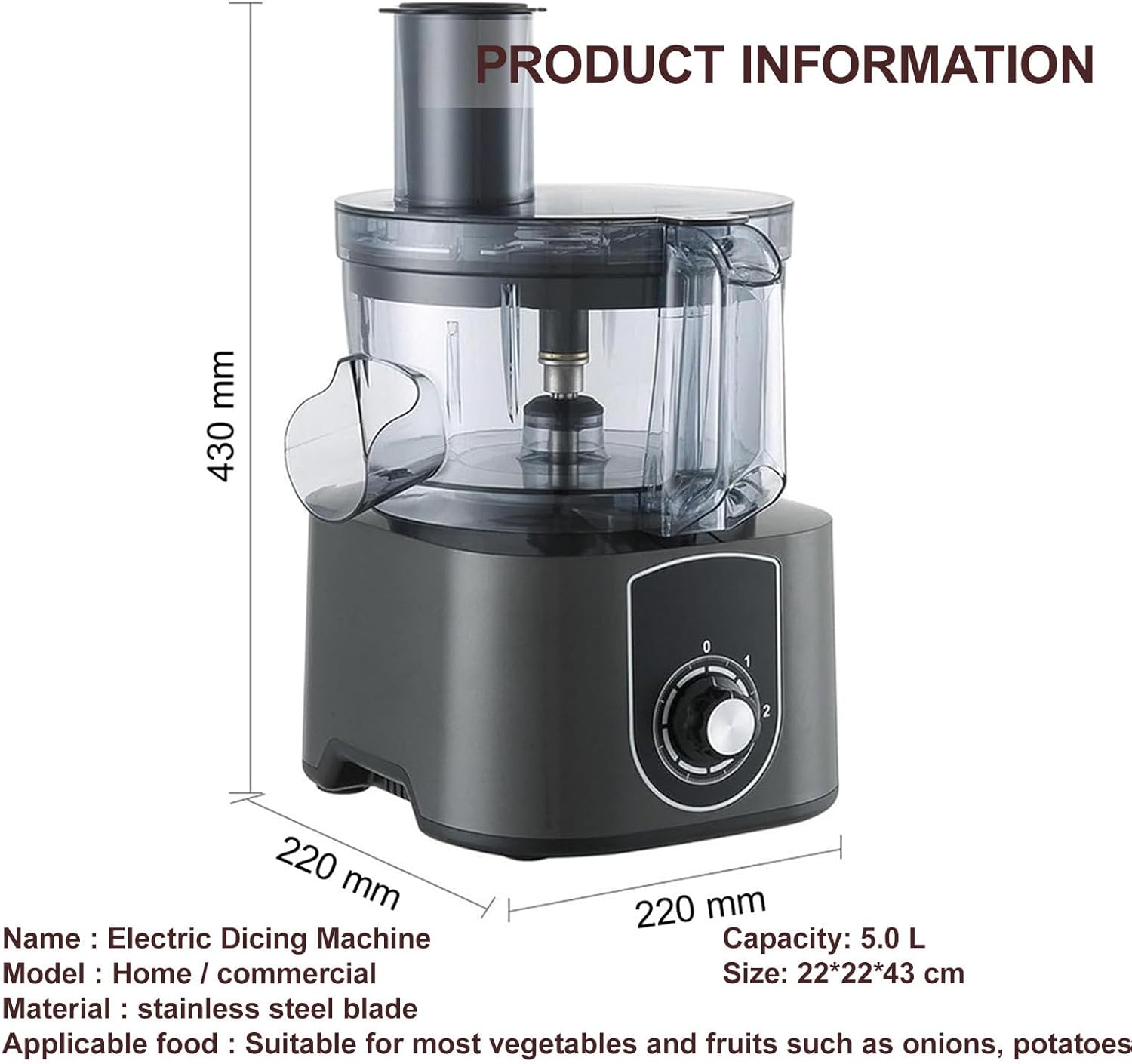 Product dimensions: 220mm width, 220mm depth, 430mm height. Capacity 5.0L.