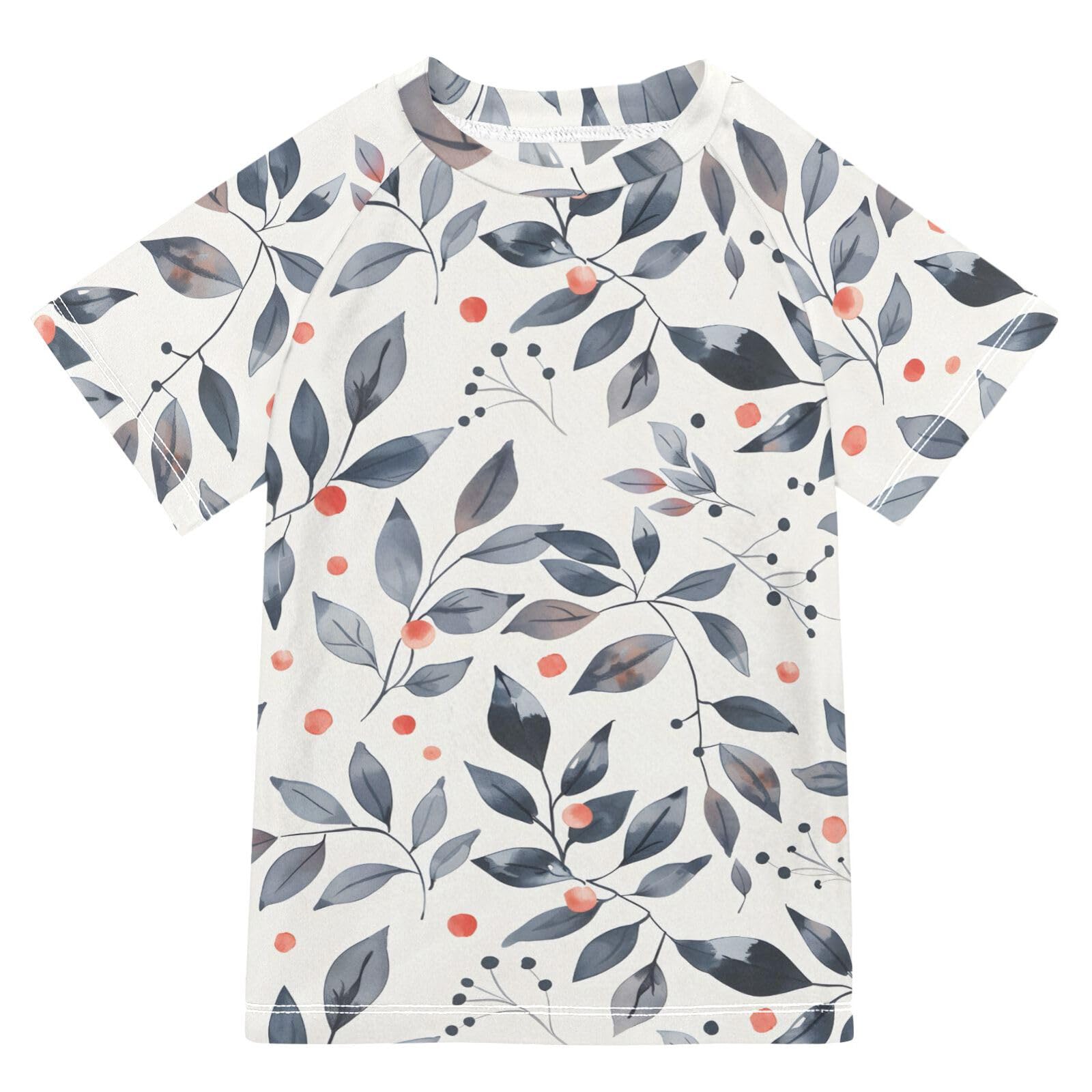 ALAZA Boys Rash Guard Swimming Shirt for Boys Short Sleeve Leaf Off-White UPF 50+ 5-6T