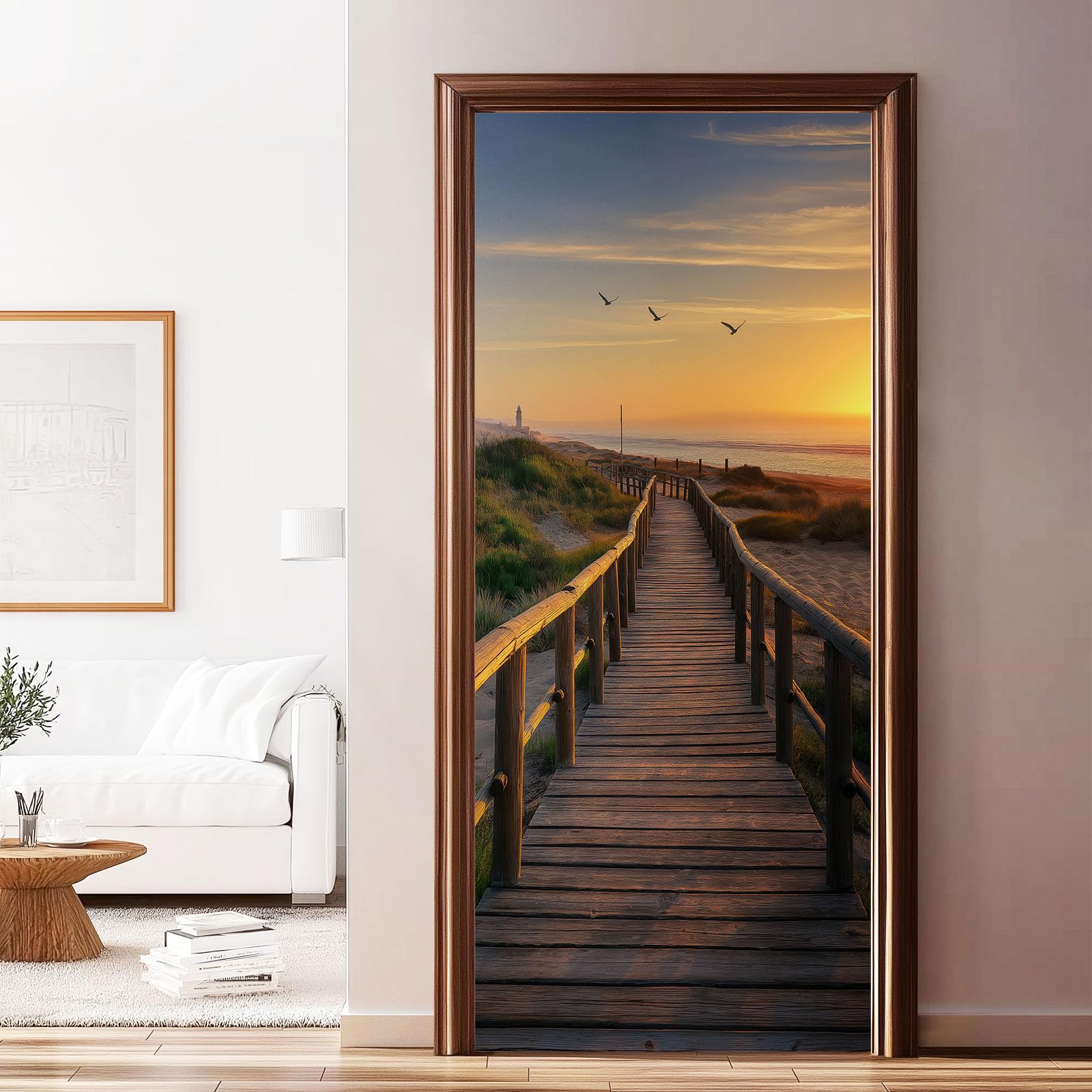 Natura krajobraz naklejka na drzwi, 95 x 215 cm, plaża, drewniany most PCW, samoprzylepny, plakat na drzwi, fototapeta, brązowa, wodoszczelna, winylowa, zdejmowana naklejka na drzwi, "zrób to sam