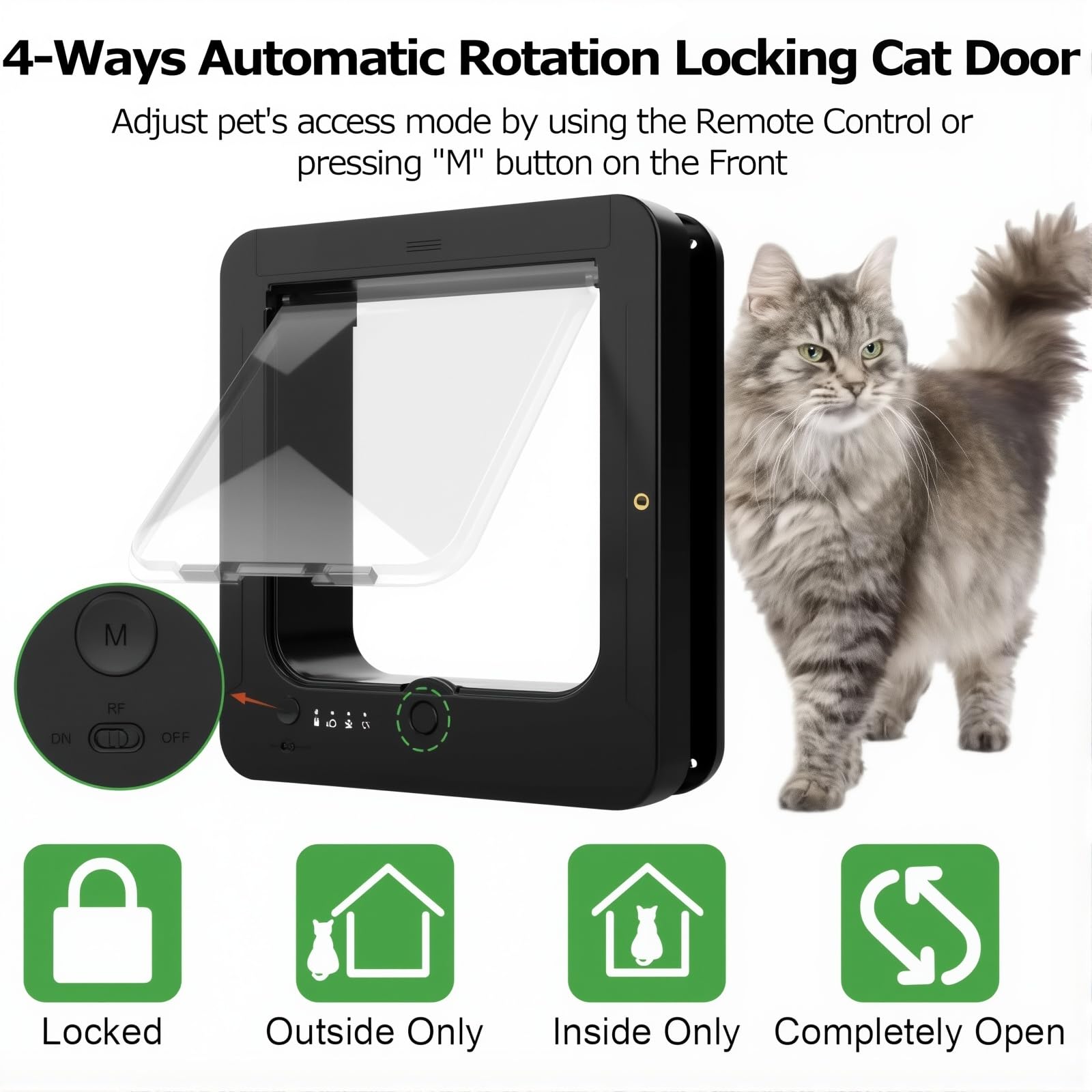 Microchip Smart Cat Door Flap con 2 chiavi collare e telecomando, chiusura a 4 vie, sblocco automatico per animali domestici fino a 11 kg