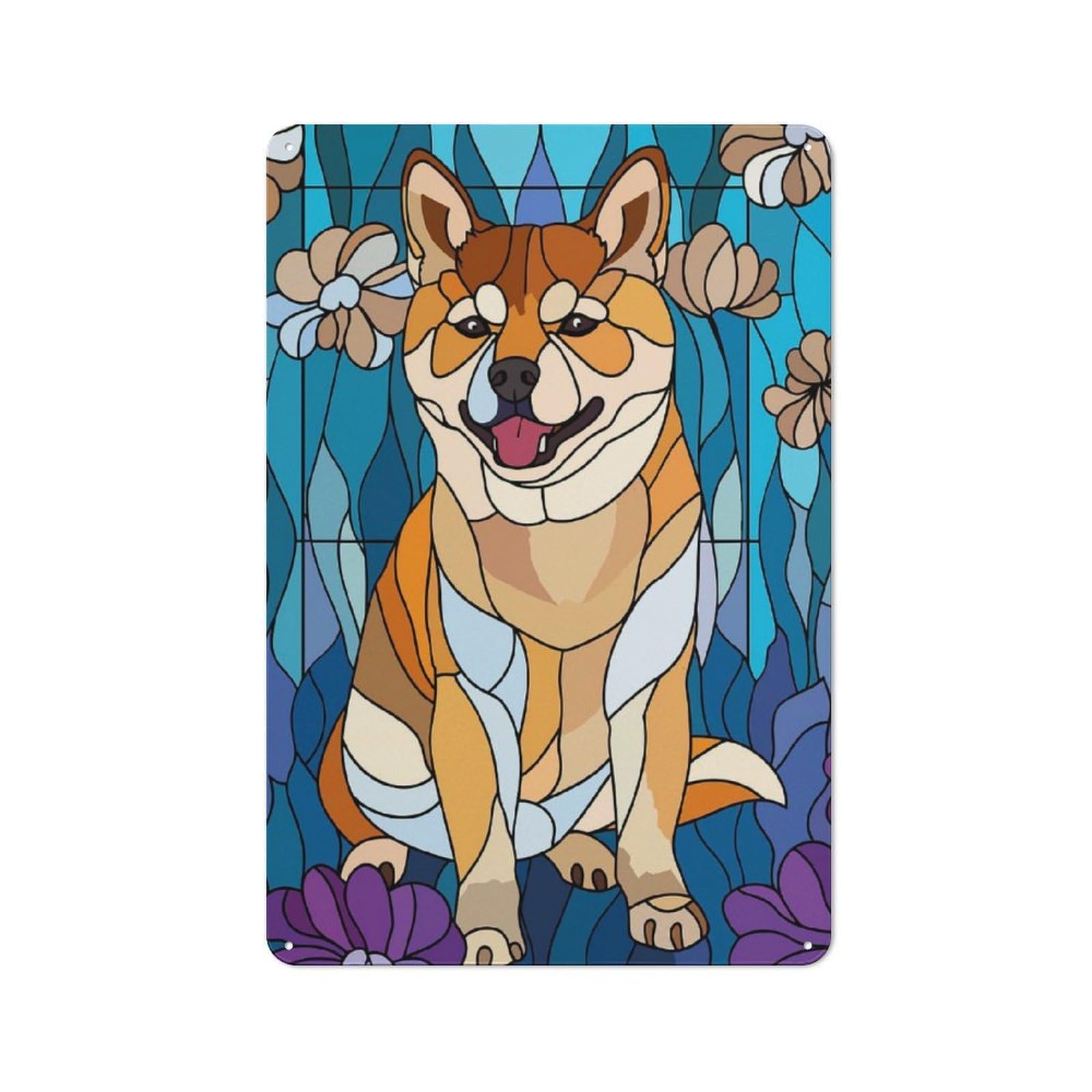 Junmoney Style-6 Stained Glass Shiba Inu Dog Rustic Tin Sign 30X20cm For Studio Or Craft Room, For Kitchen, Dining Room And Home Bar Wall Decor
