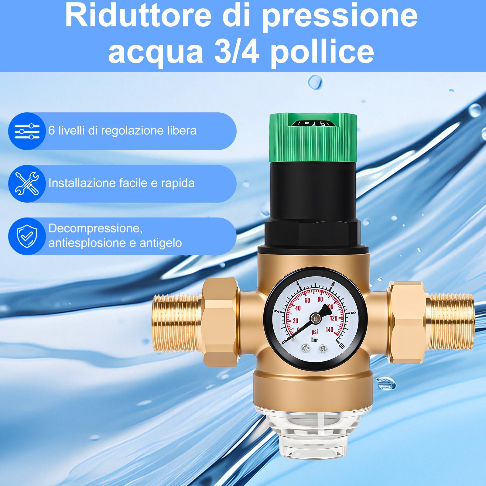 Diealles Shine regolatore di pressione acqua 3/4 pollici, regolatore di pressione acqua con manometro e filtro a setaccio, regolatore di pressione in ottone per case, edifici, fabbriche