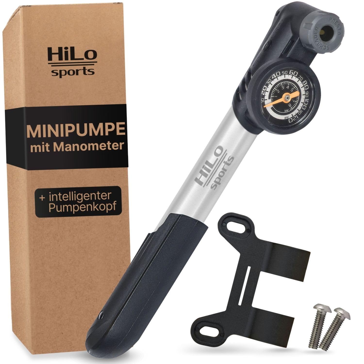 HiLo sports Fahrradpumpe klein für alle Ventile - [Intelligenter Pumpenkopf] - Automatischer Ventil Wechsel - 8 Bar Barometer Mini Luftpumpe